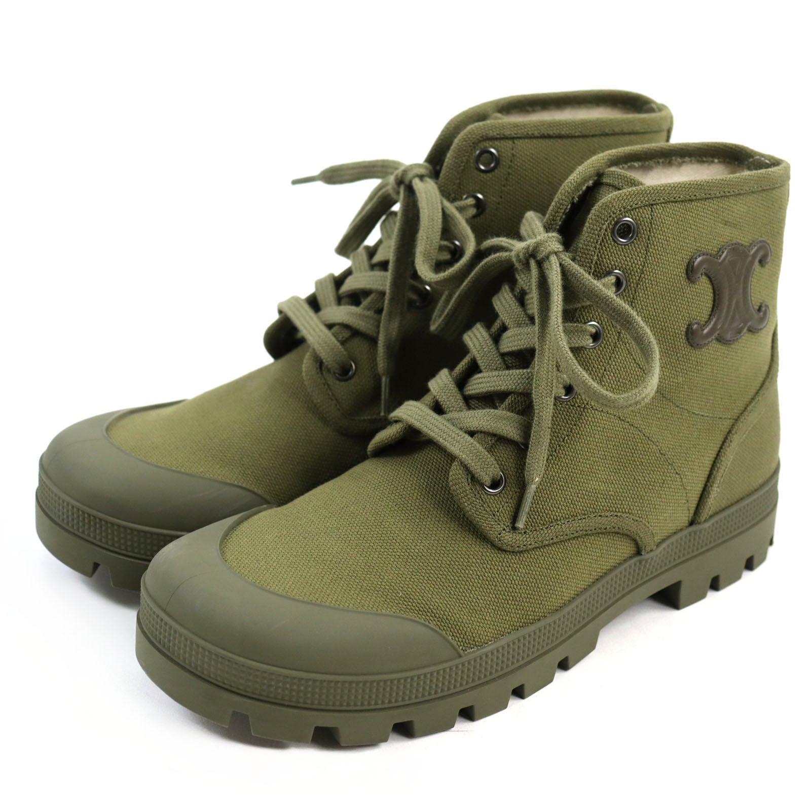 Celine Canvas Lace-Up Boots 40 Army Green