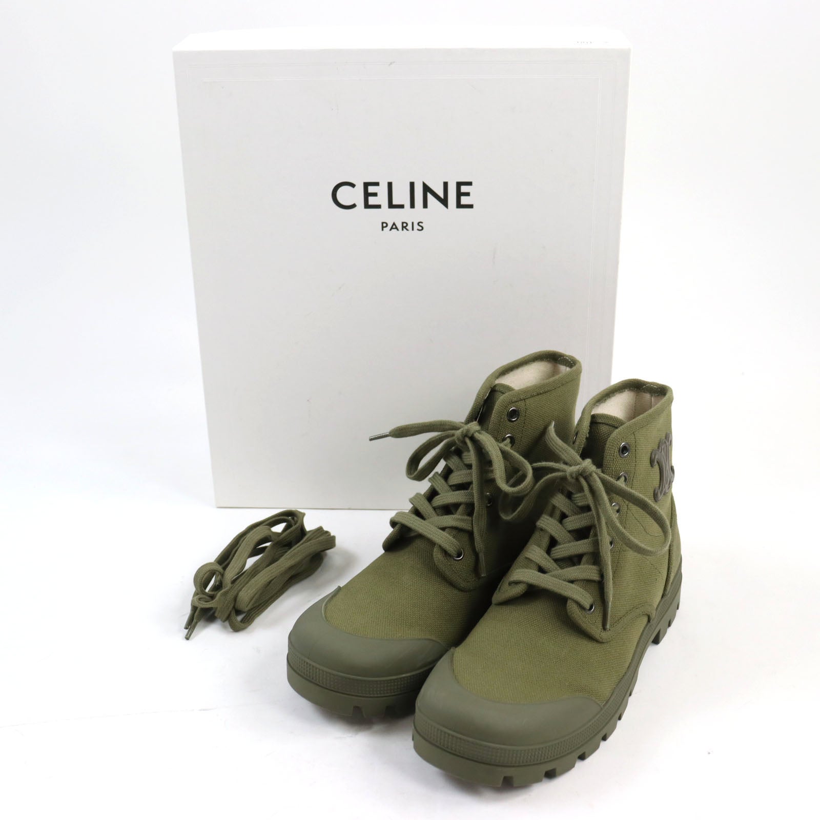 Celine Canvas Lace-Up Boots 40 Army Green