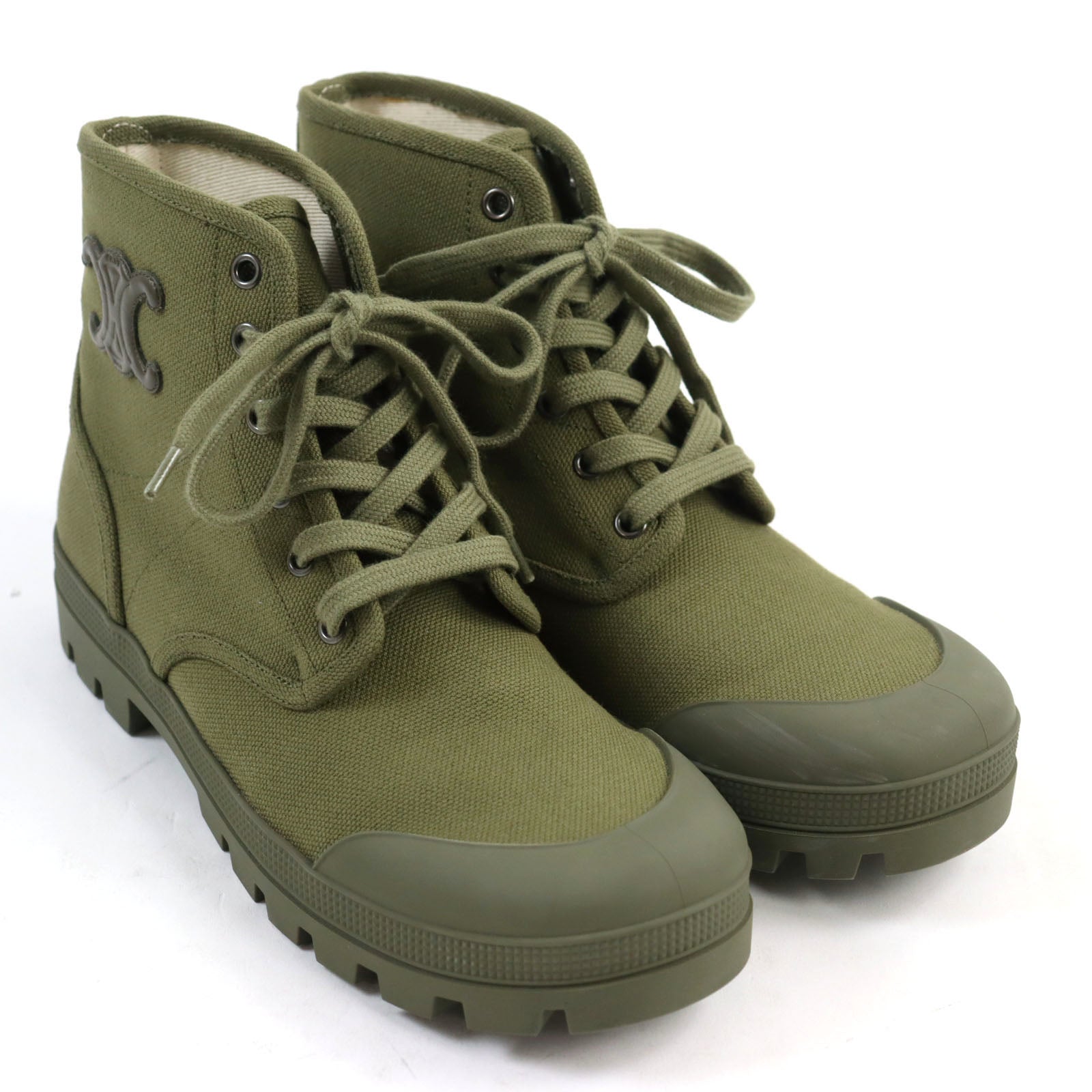 Celine Canvas Lace-Up Boots 40 Army Green