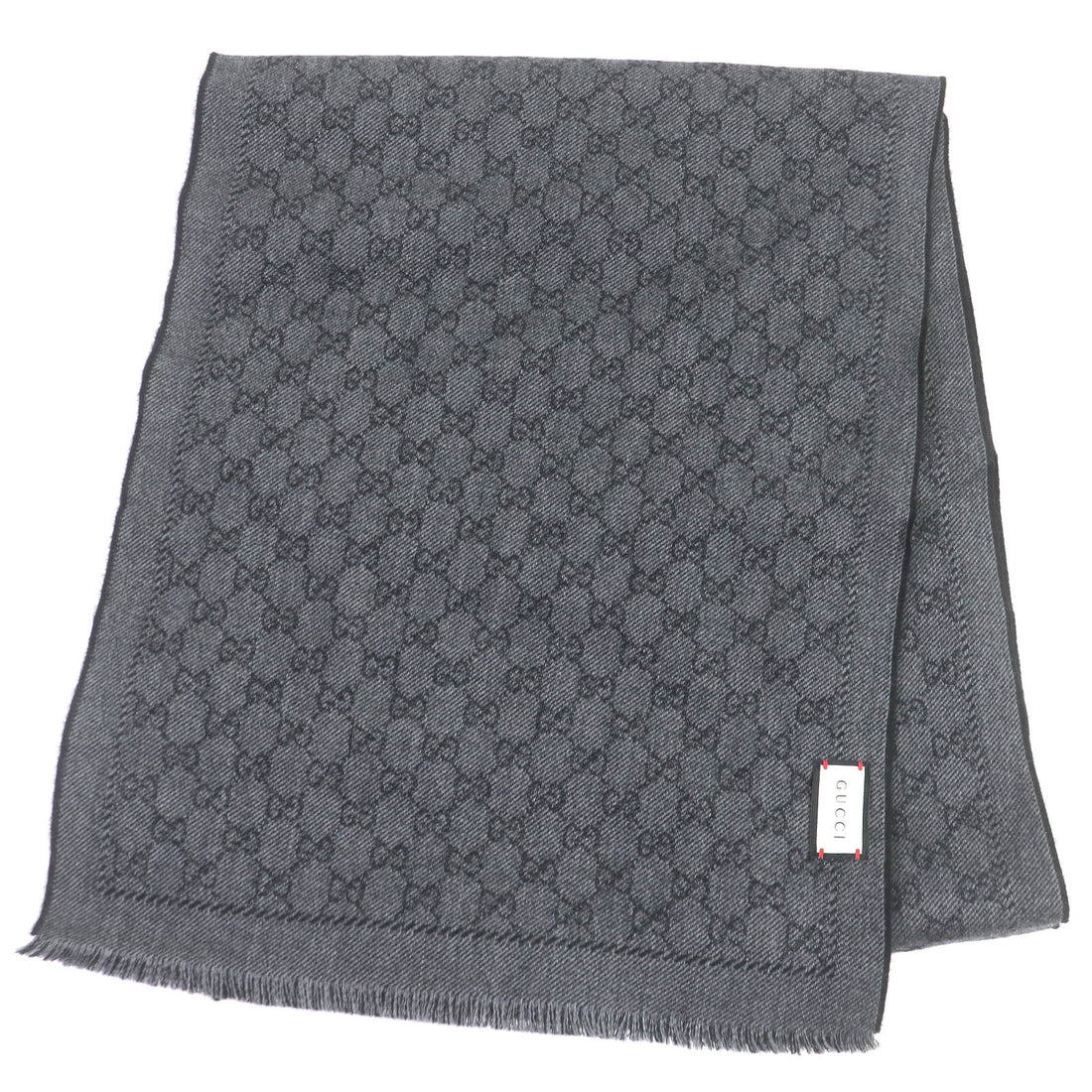 GUCCI Wool GG Logo Fringe Scarf Black Grey