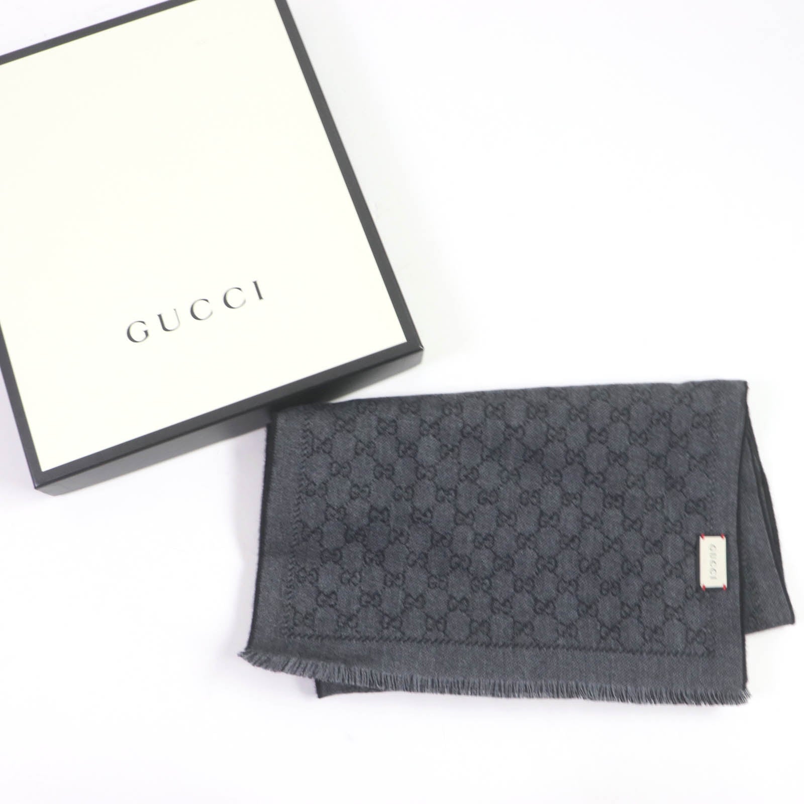 GUCCI Wool GG Logo Fringe Scarf Black Grey