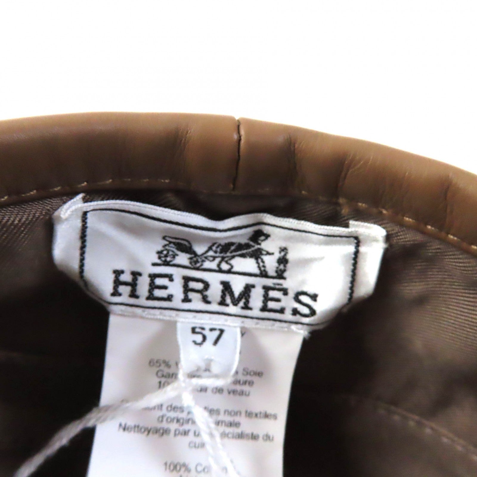 HERMES Cotton Rayon Leather Beret Brown 57