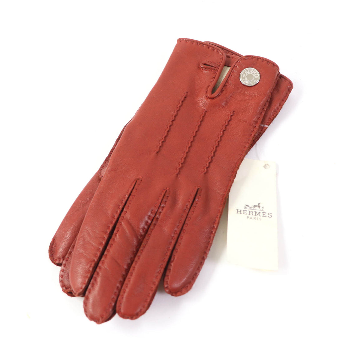 Hermes Lamb Leather Silver Button Gloves 6.5