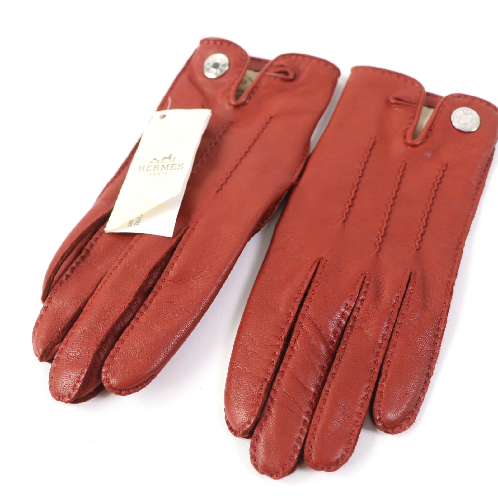 Hermes Lamb Leather Silver Button Gloves 6.5