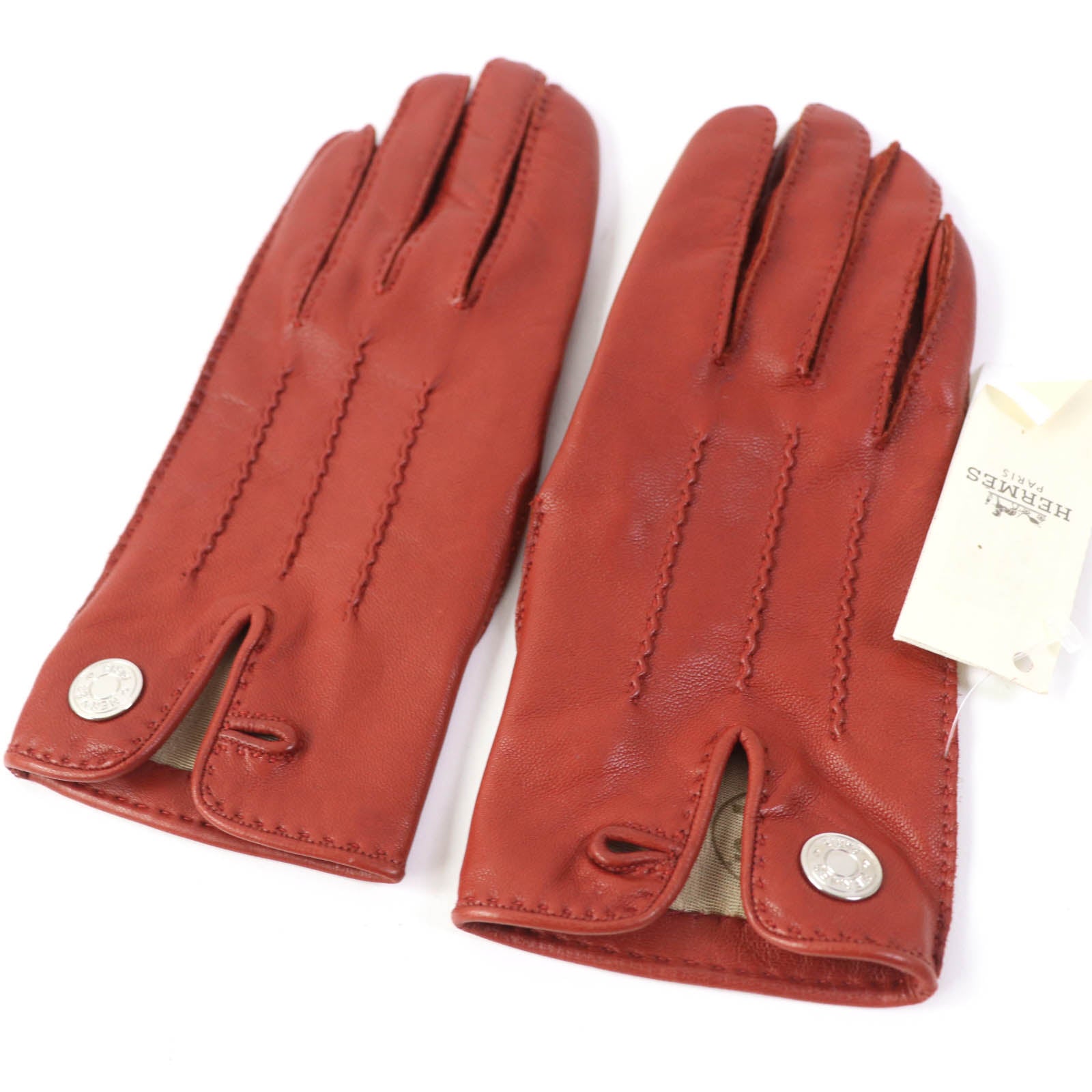 Hermes Lamb Leather Silver Button Gloves 6.5