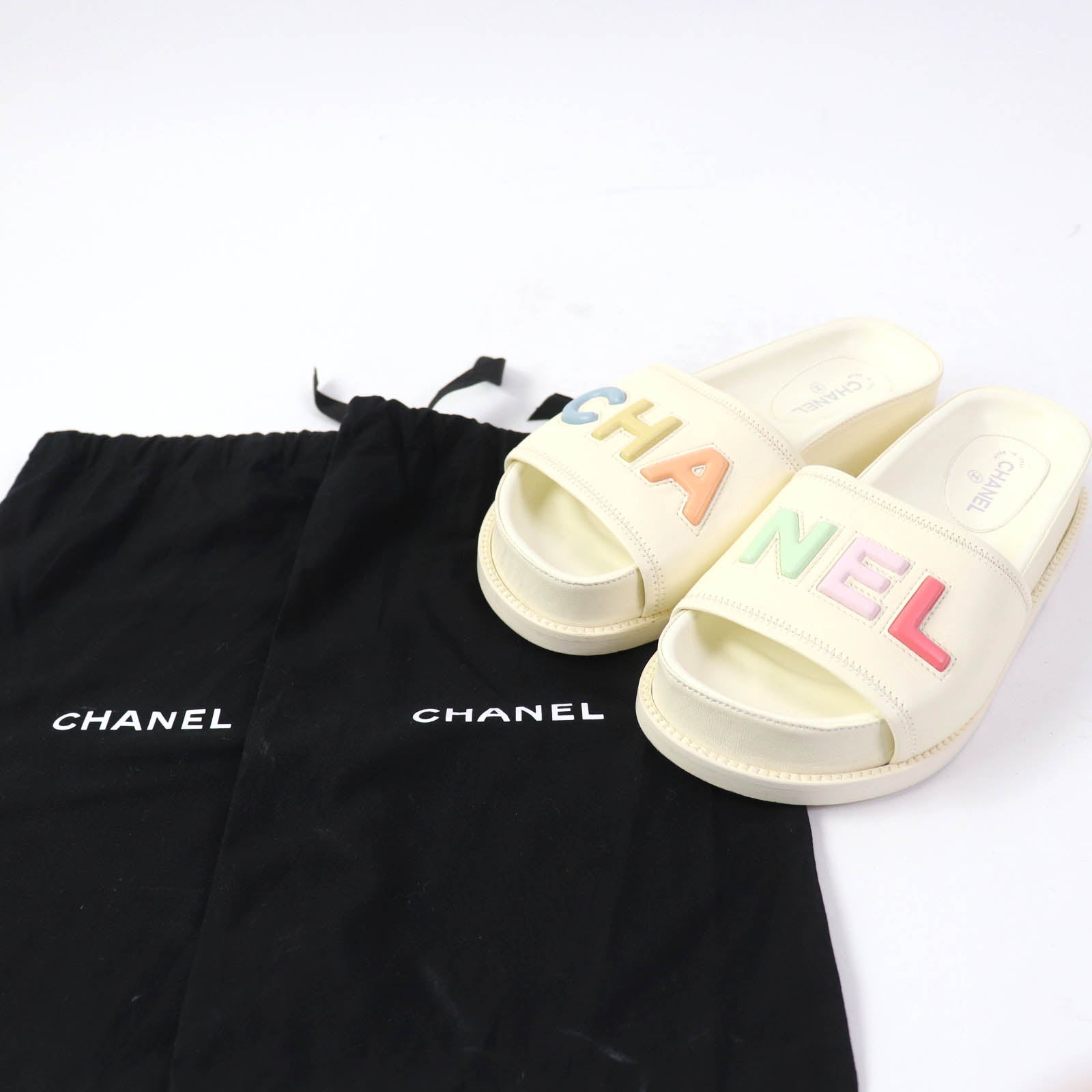 Chanel Logo Slide Sandals Leather Ivory 35