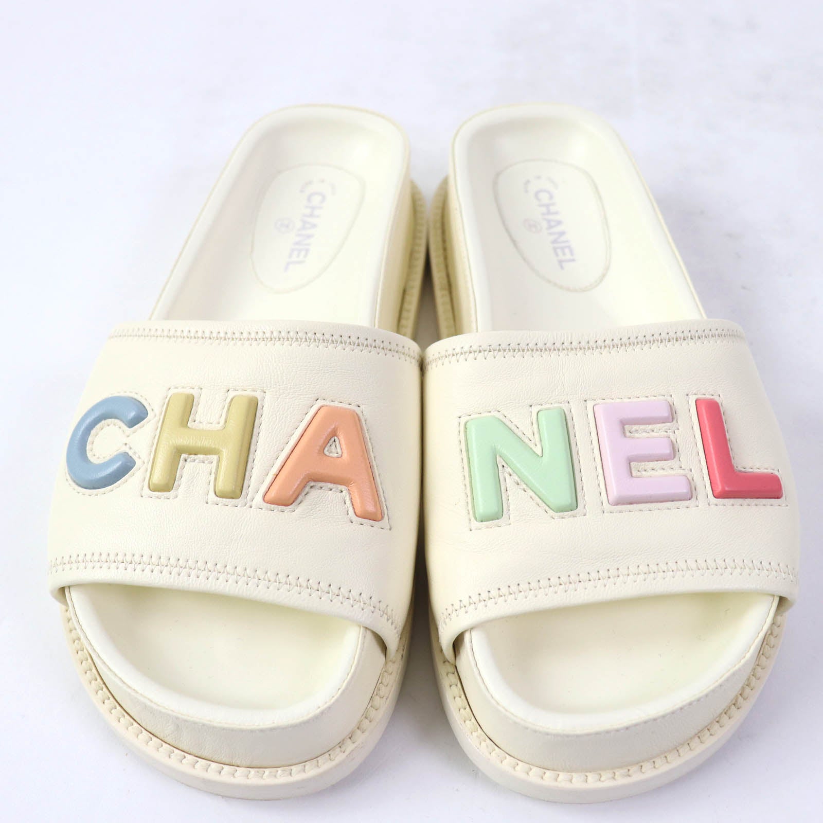 Chanel Logo Slide Sandals Leather Ivory 35