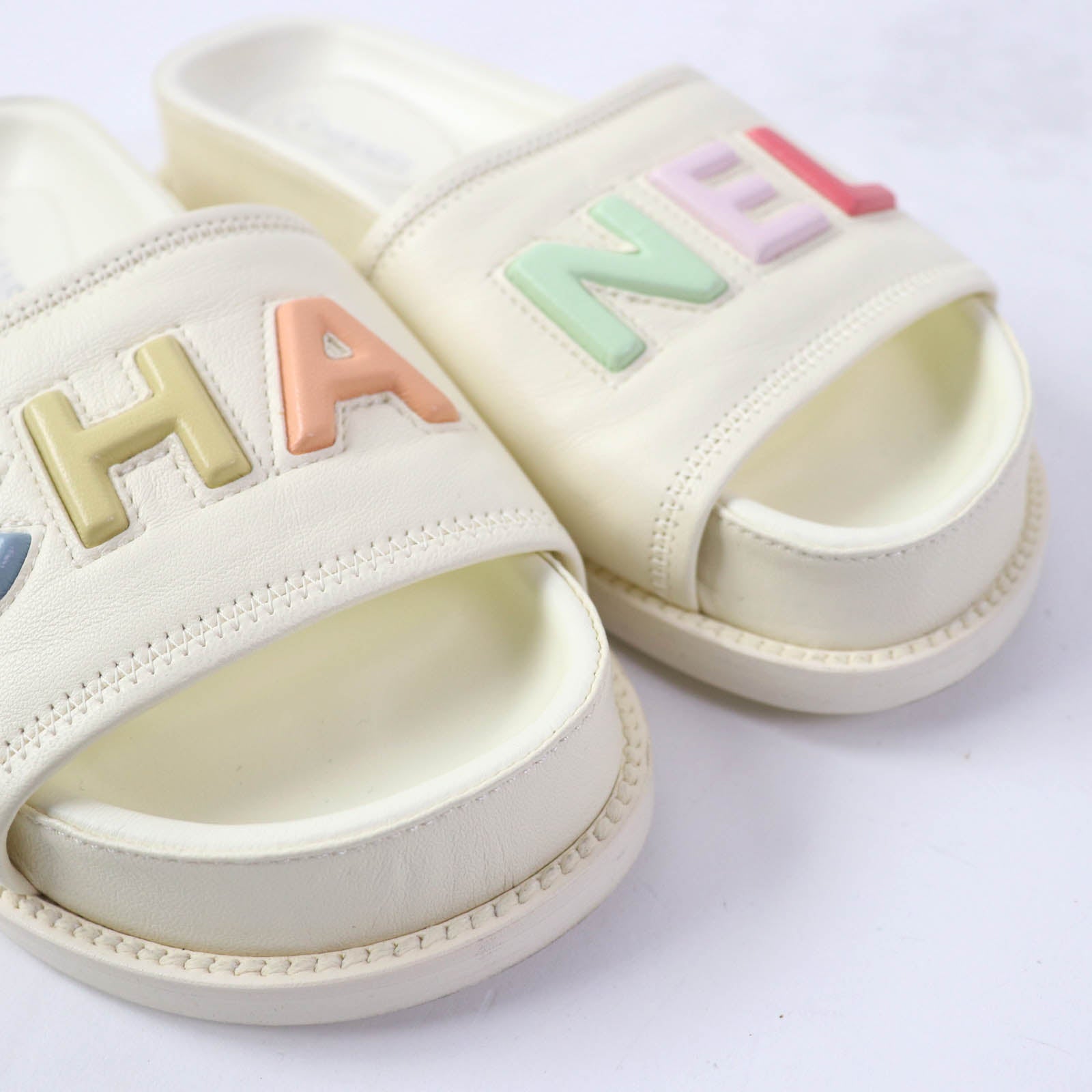 Chanel Logo Slide Sandals Leather Ivory 35