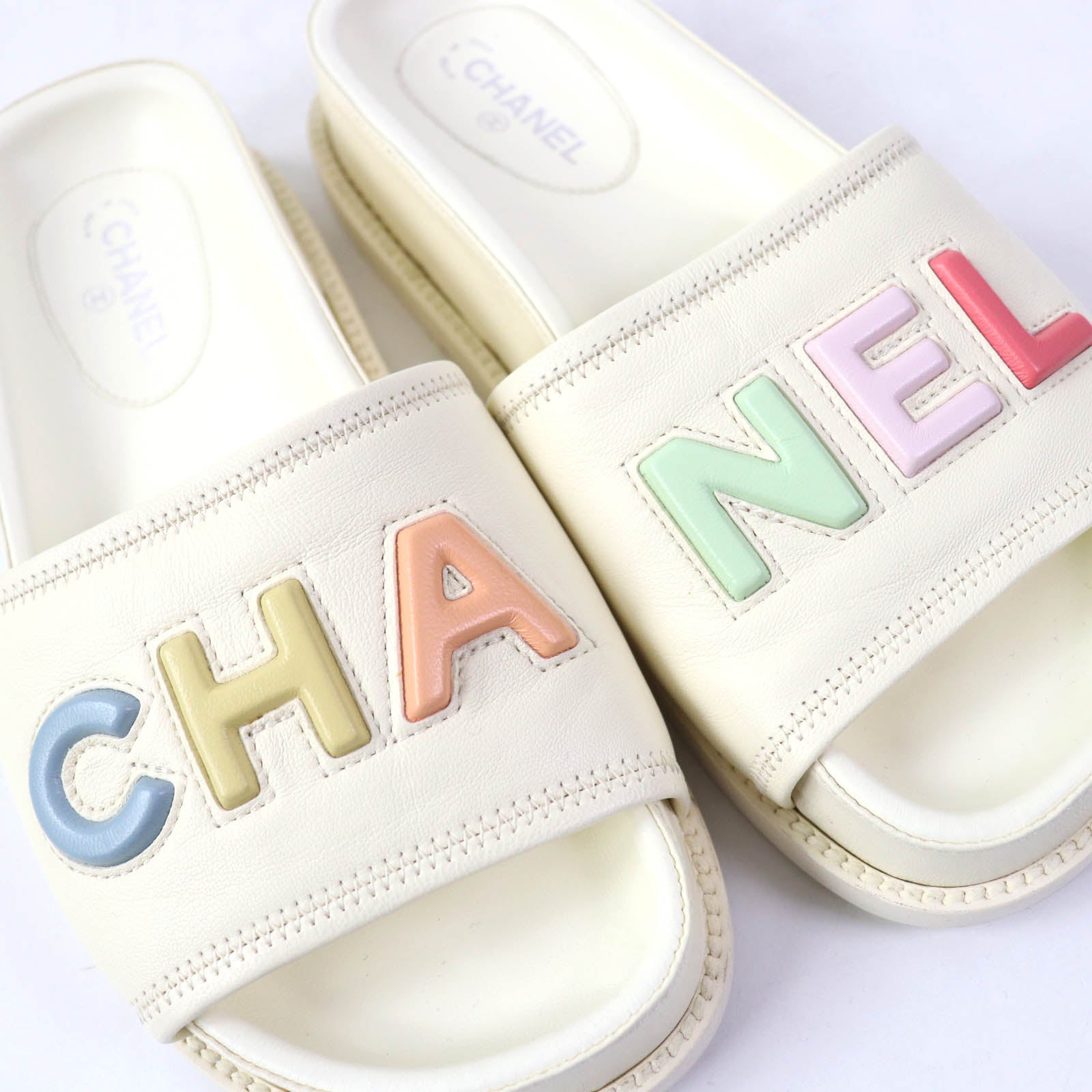 Chanel Logo Slide Sandals Leather Ivory 35