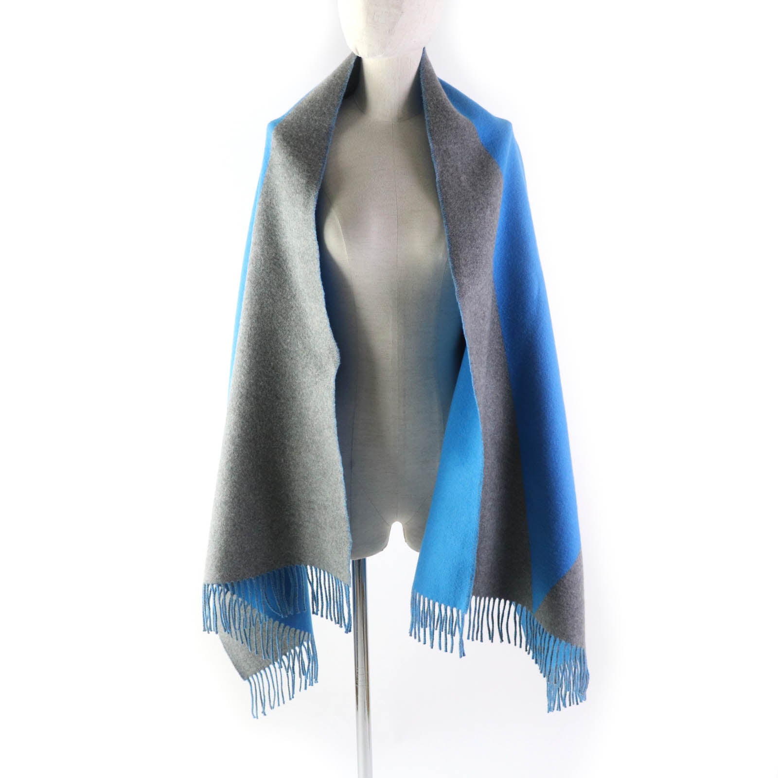 HERMES Cashmere Fringed Shawl Blue Gray