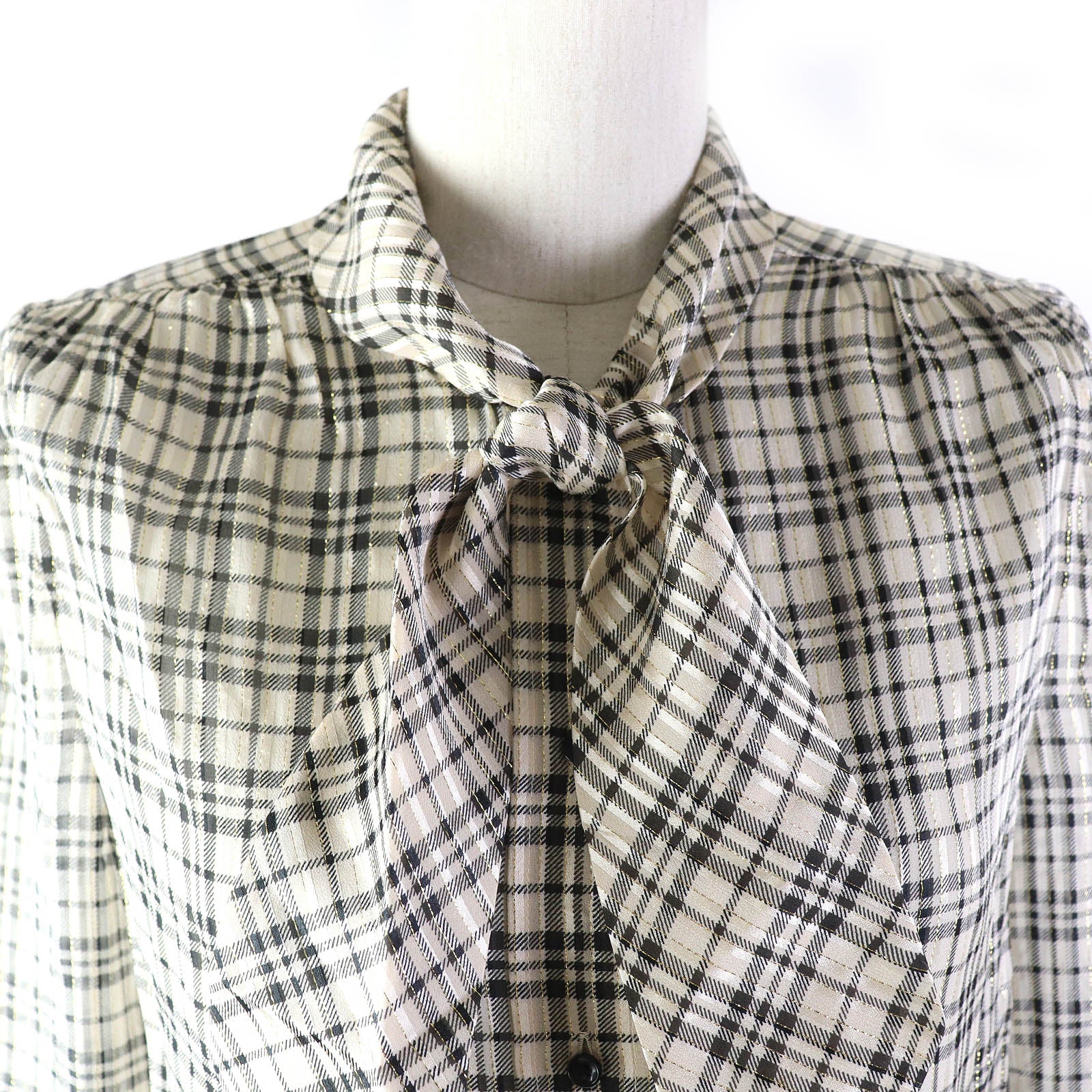 Saint Laurent Silk Bowtie Blouse 34 Beige Black