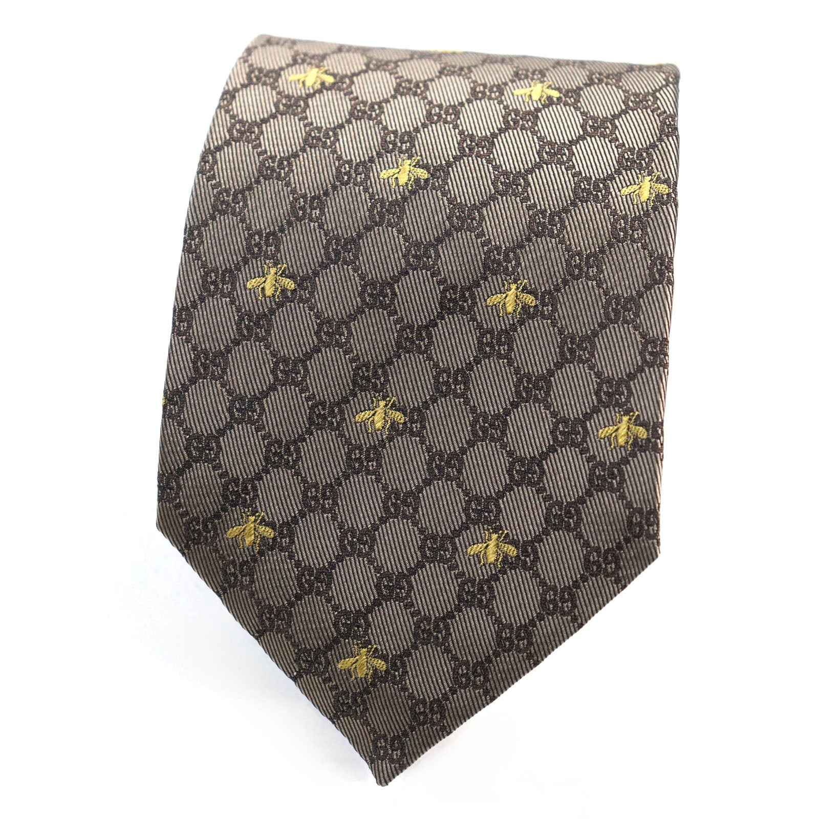 Gucci Silk Embroidered GG Bee Logo Tie Brown