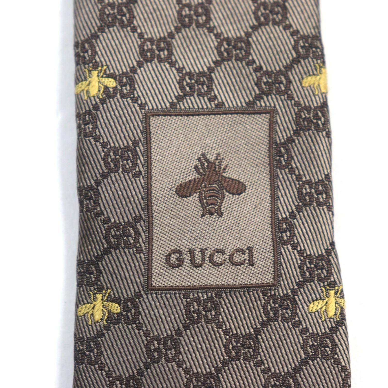 Gucci Silk Embroidered GG Bee Logo Tie Brown