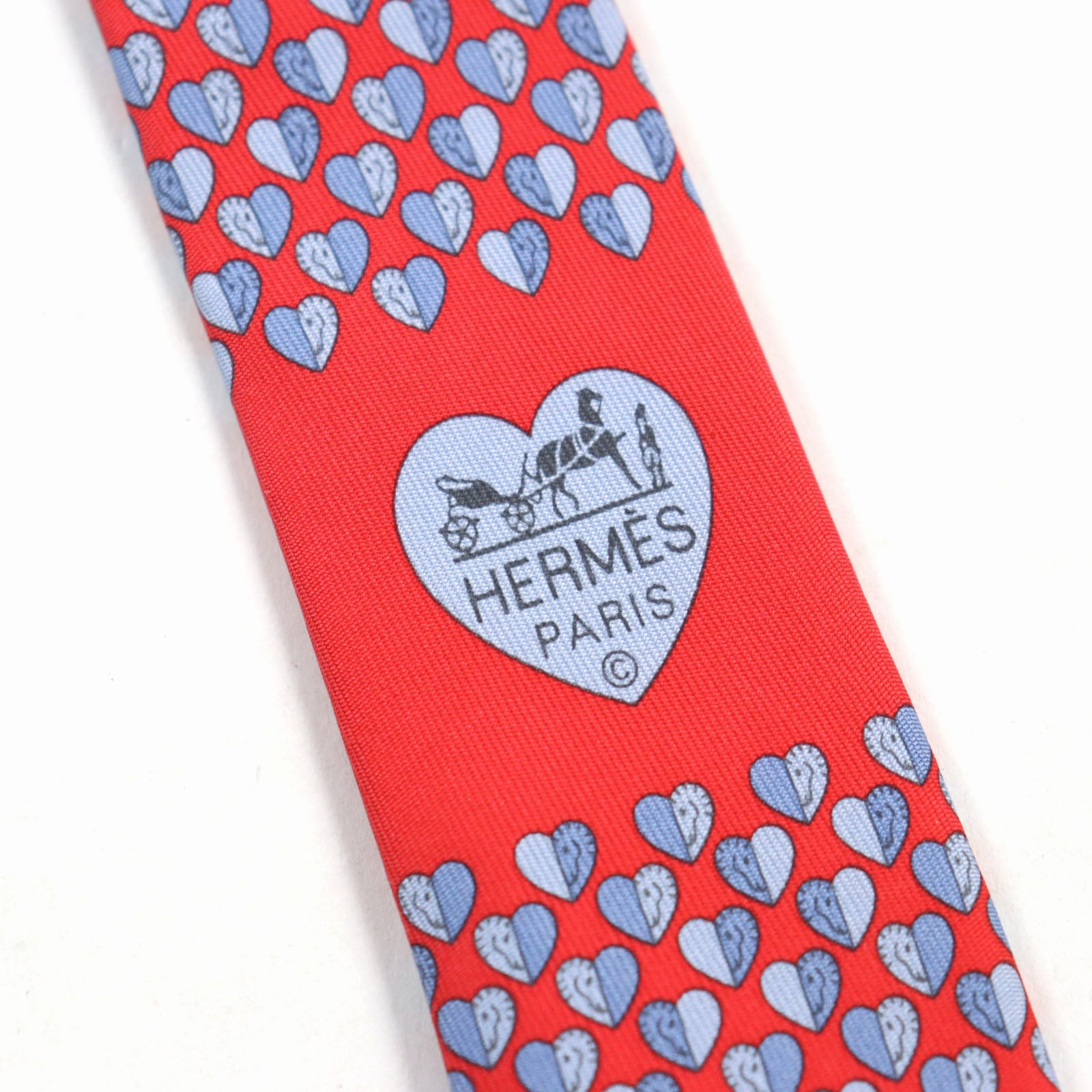 HERMES Cheval en Coeur Silk Tie Red Heart