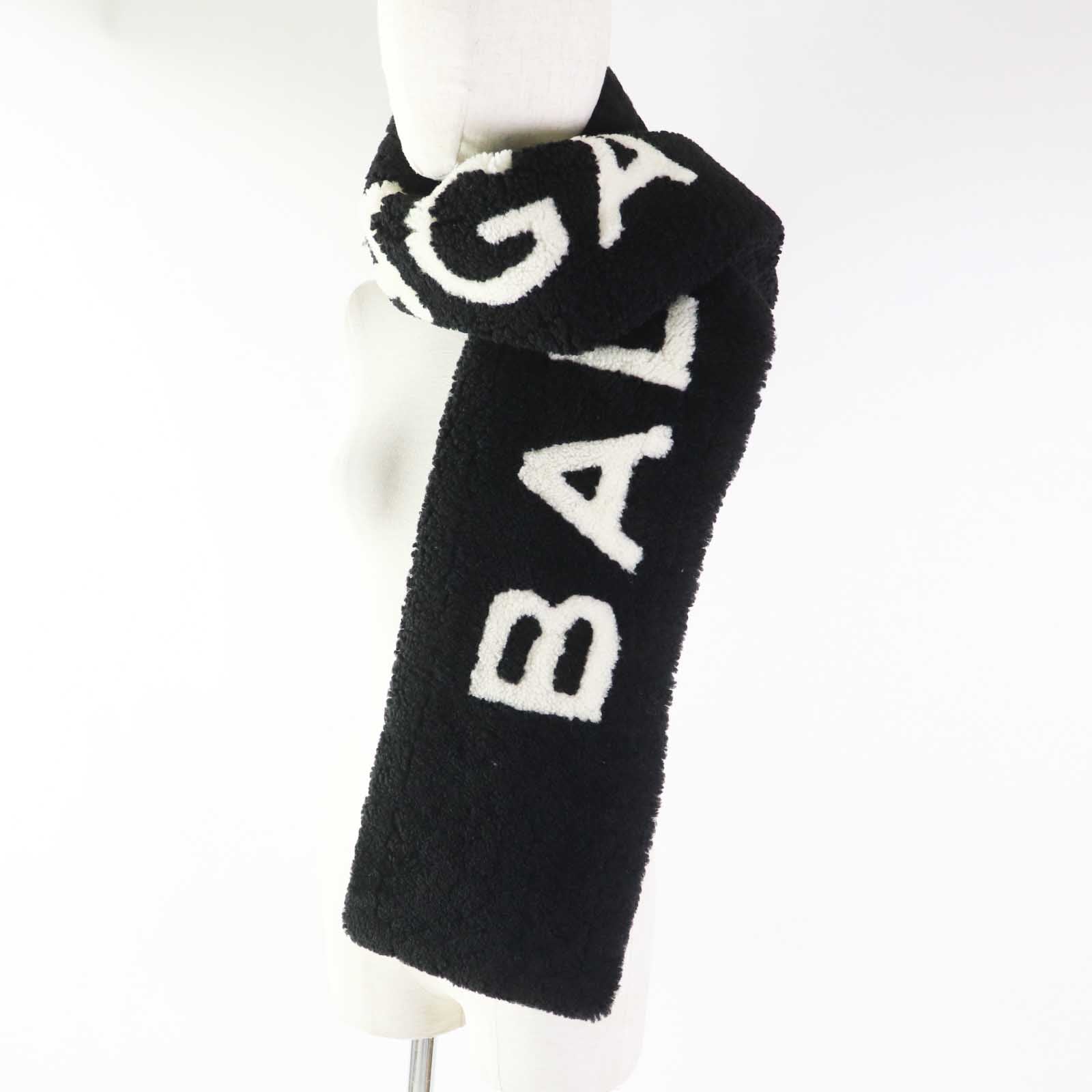 Balenciaga Lamb Fur Logo Scarf Black White