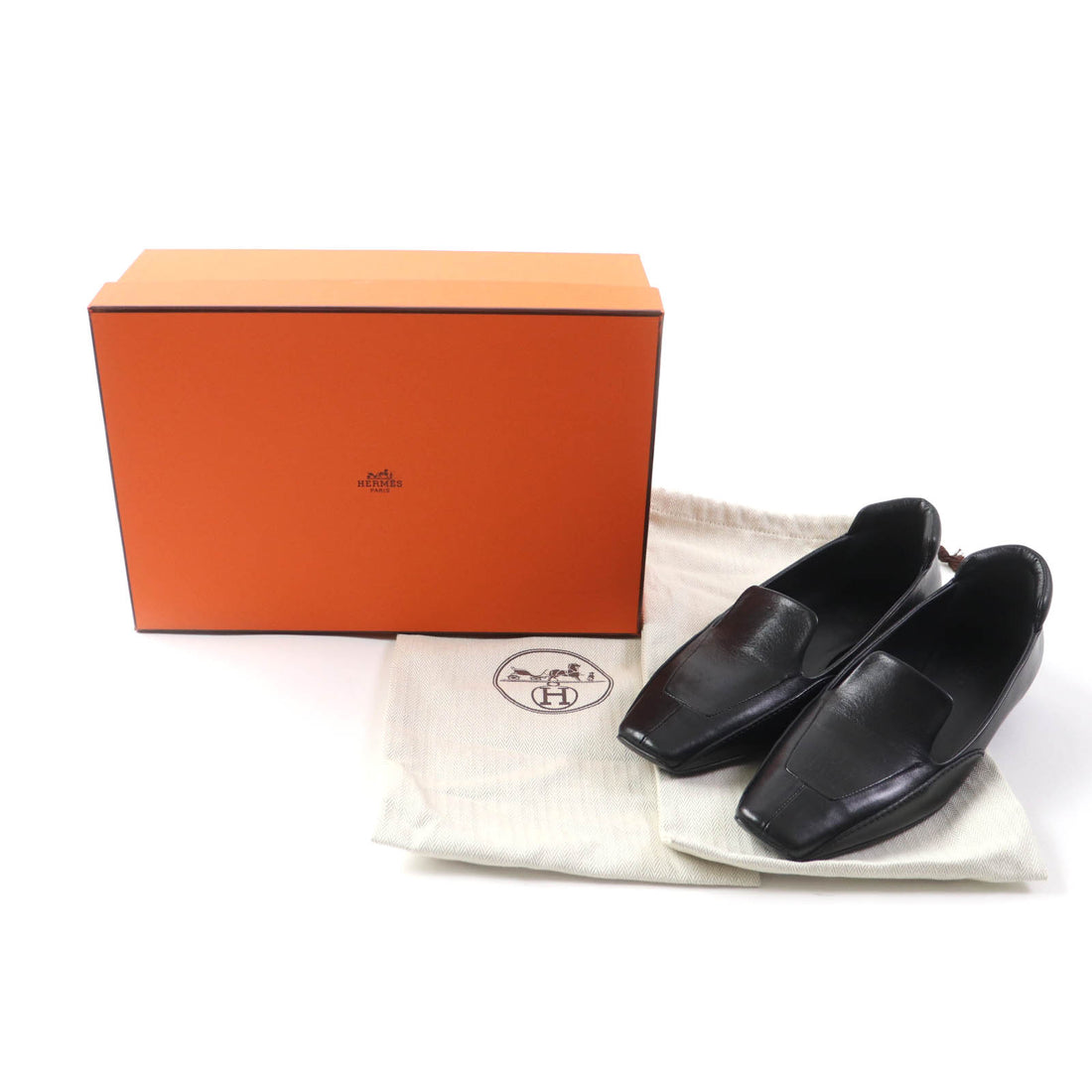 Hermes Leather Flats Loafers Black 37