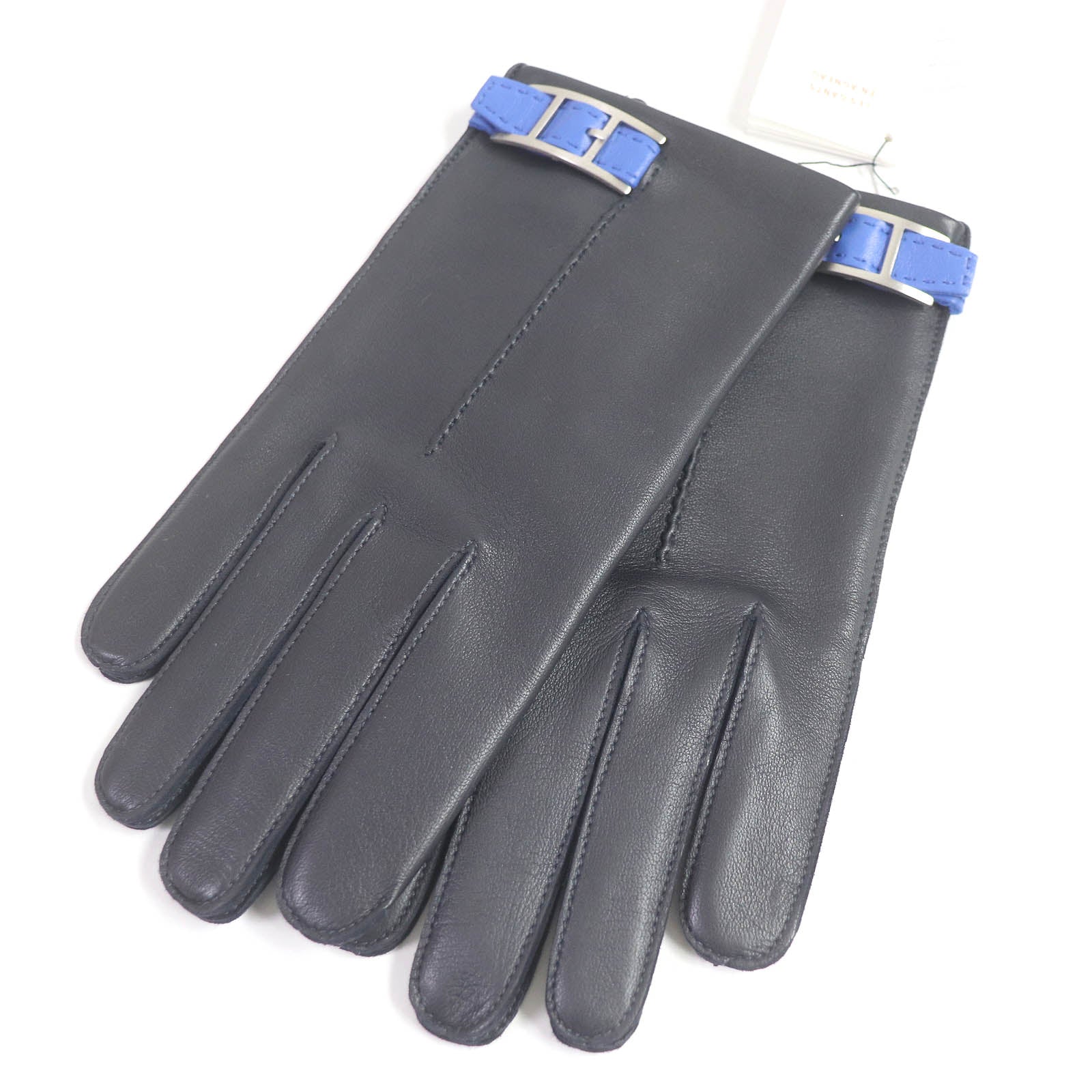 HERMES Leather Silk Gloves Dark Navy