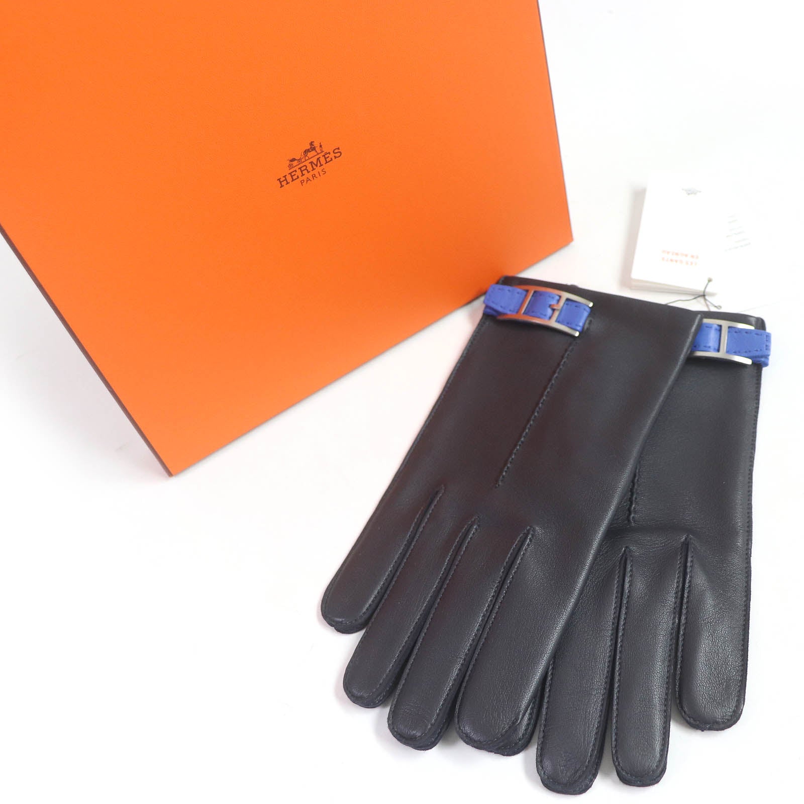 HERMES Leather Silk Gloves Dark Navy