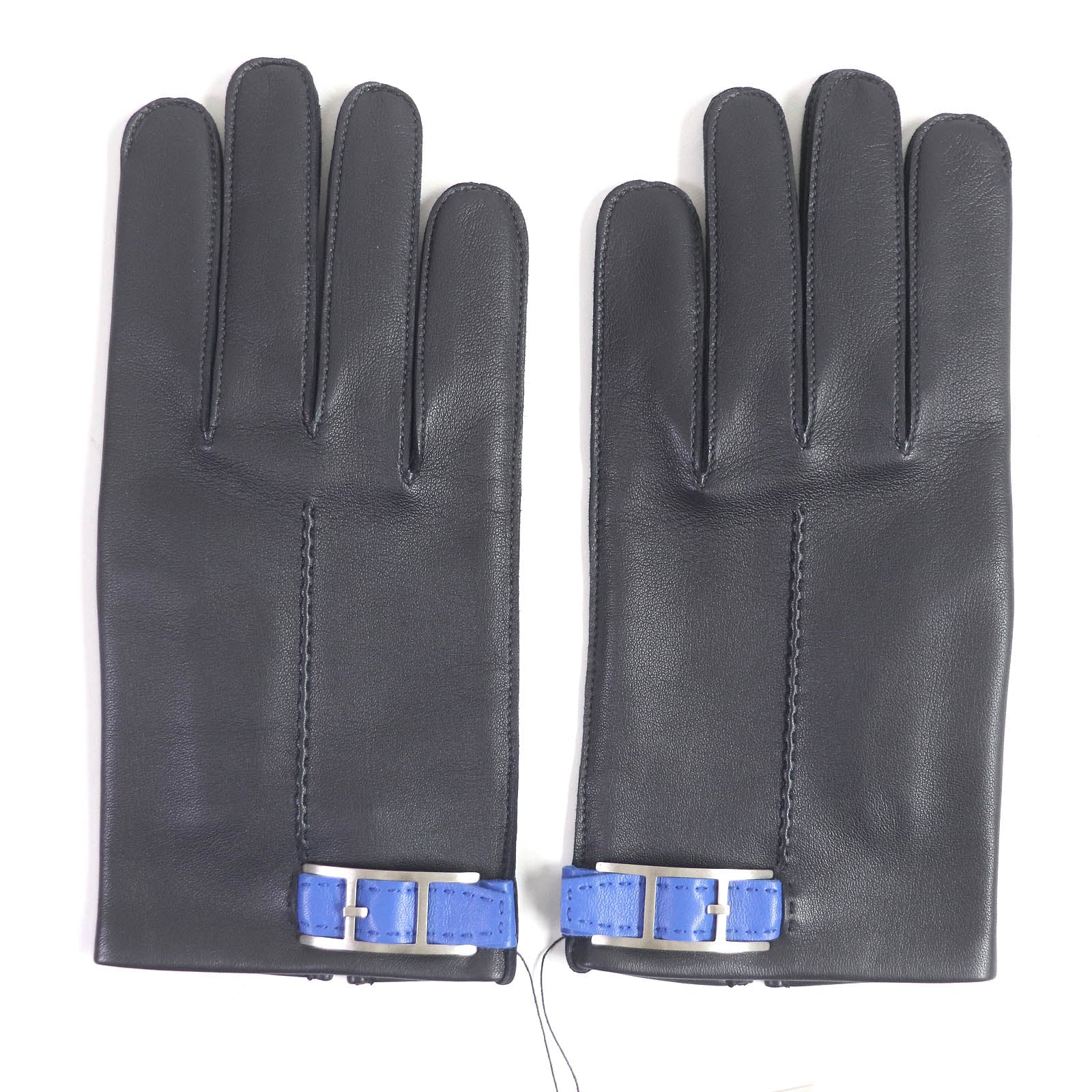 HERMES Leather Silk Gloves Dark Navy