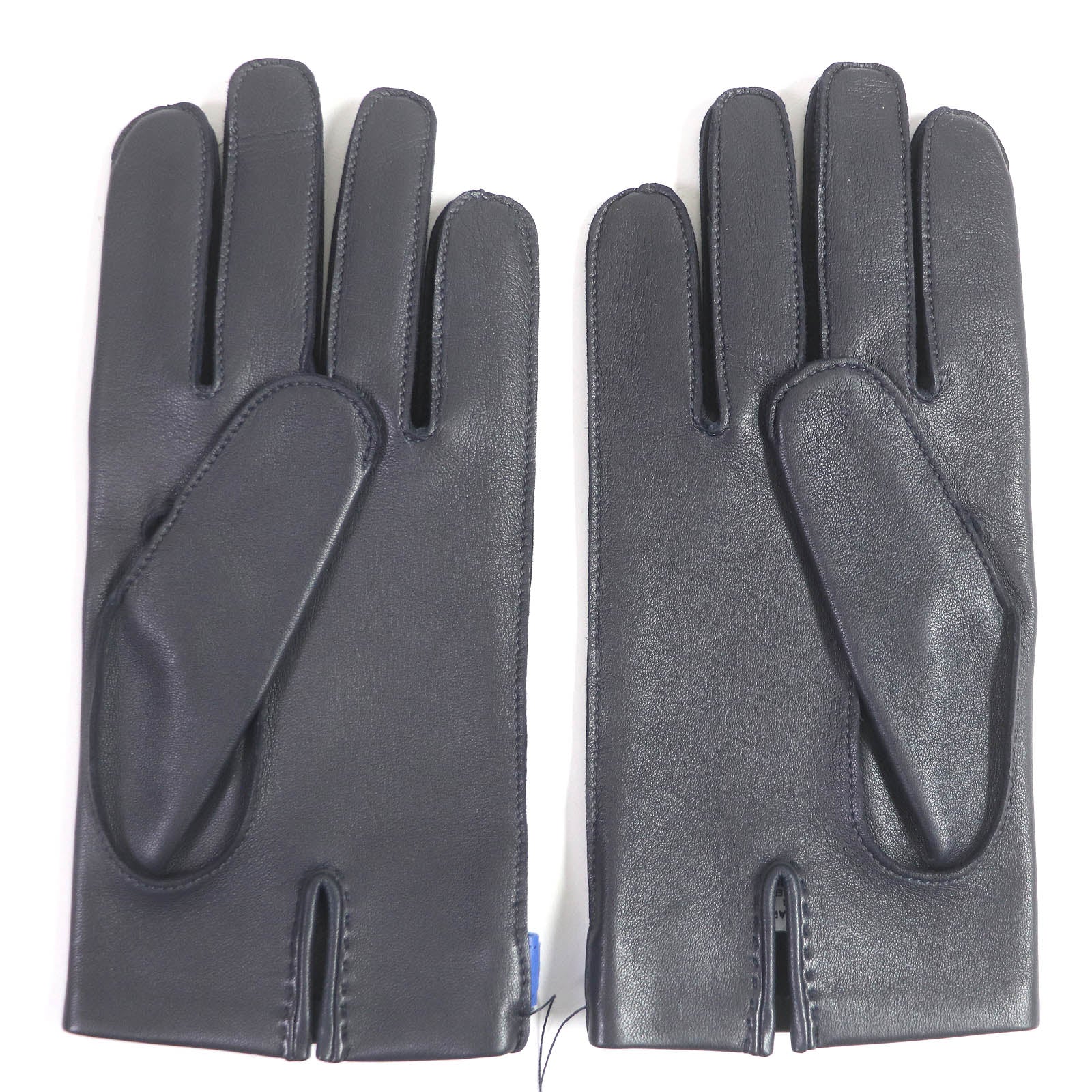 HERMES Leather Silk Gloves Dark Navy