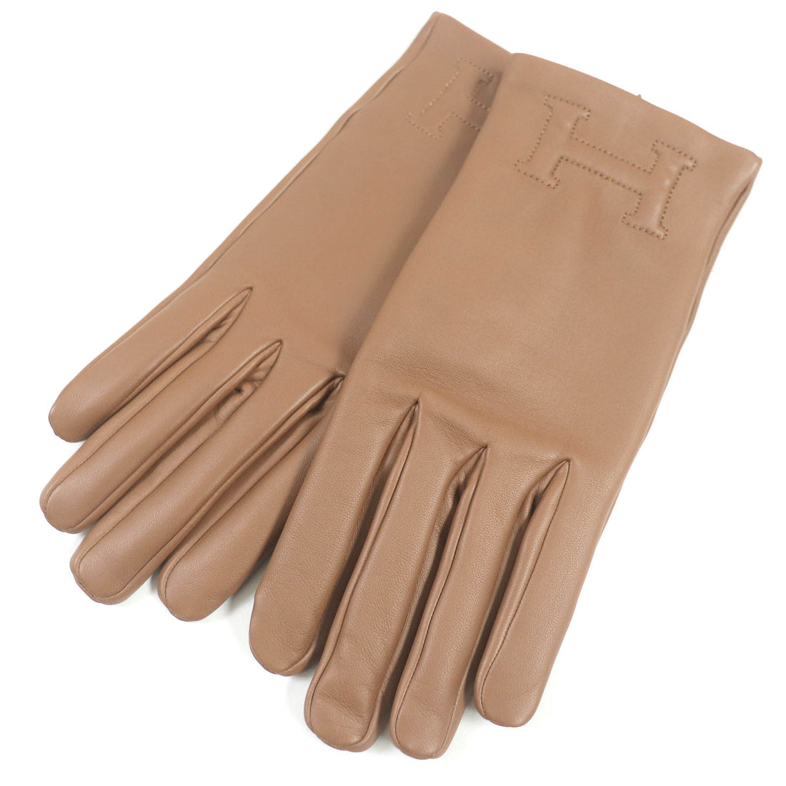 HERMES Lambskin Leather Gloves Brown 7 Women