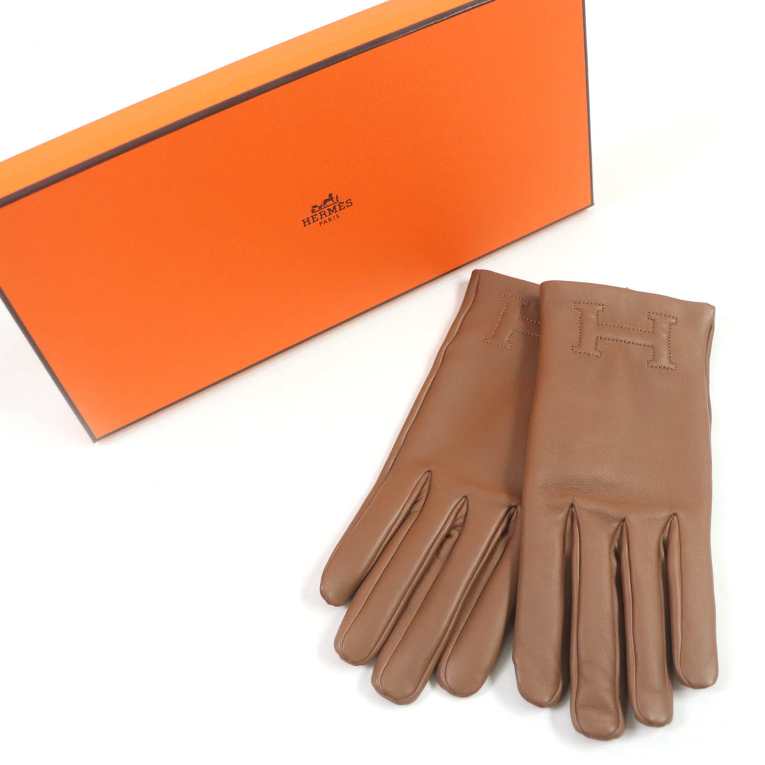 HERMES Lambskin Leather Gloves Brown 7 Women