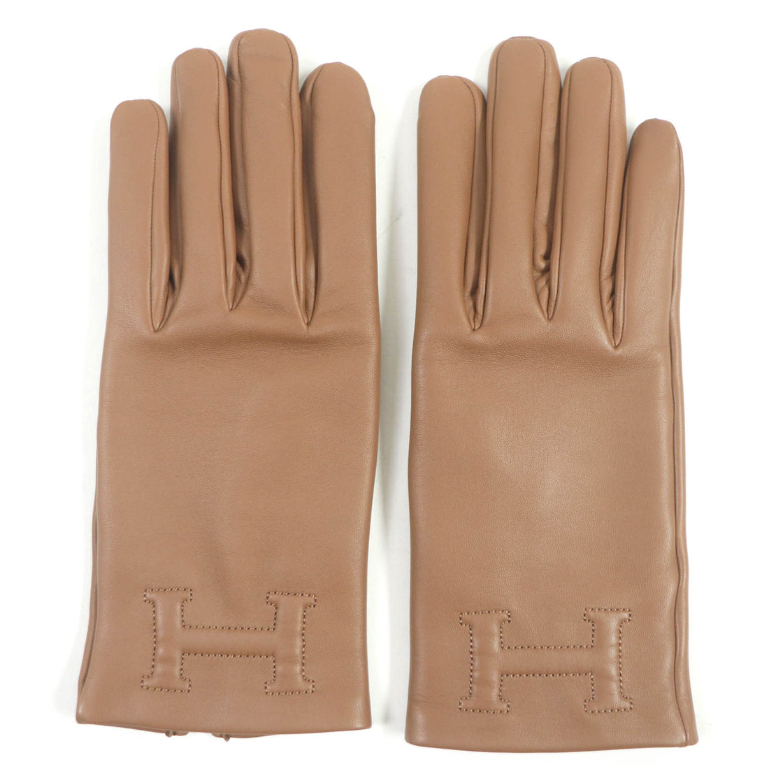 HERMES Lambskin Leather Gloves Brown 7 Women