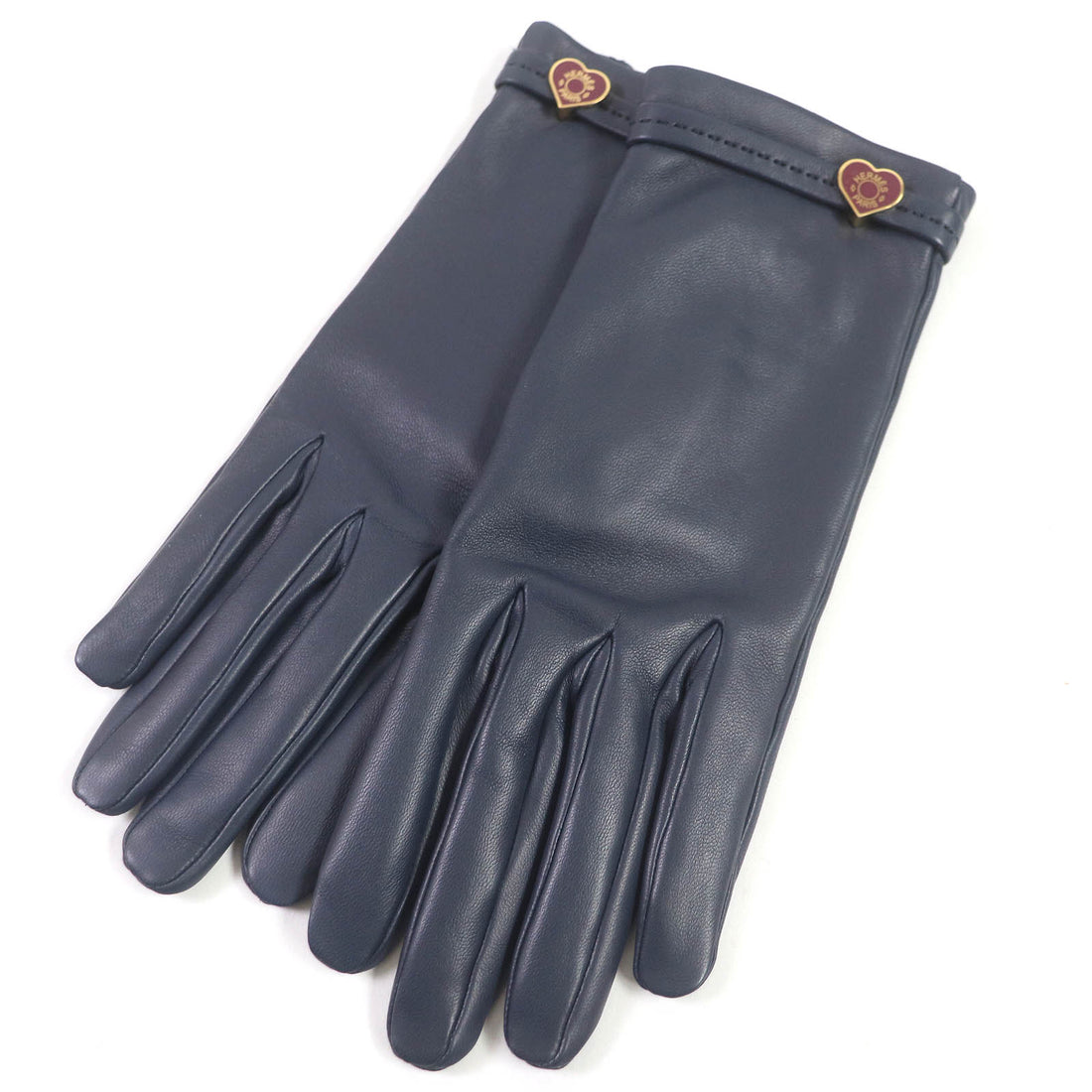 Hermes Lamb Leather Silk Gloves Navy 6.5