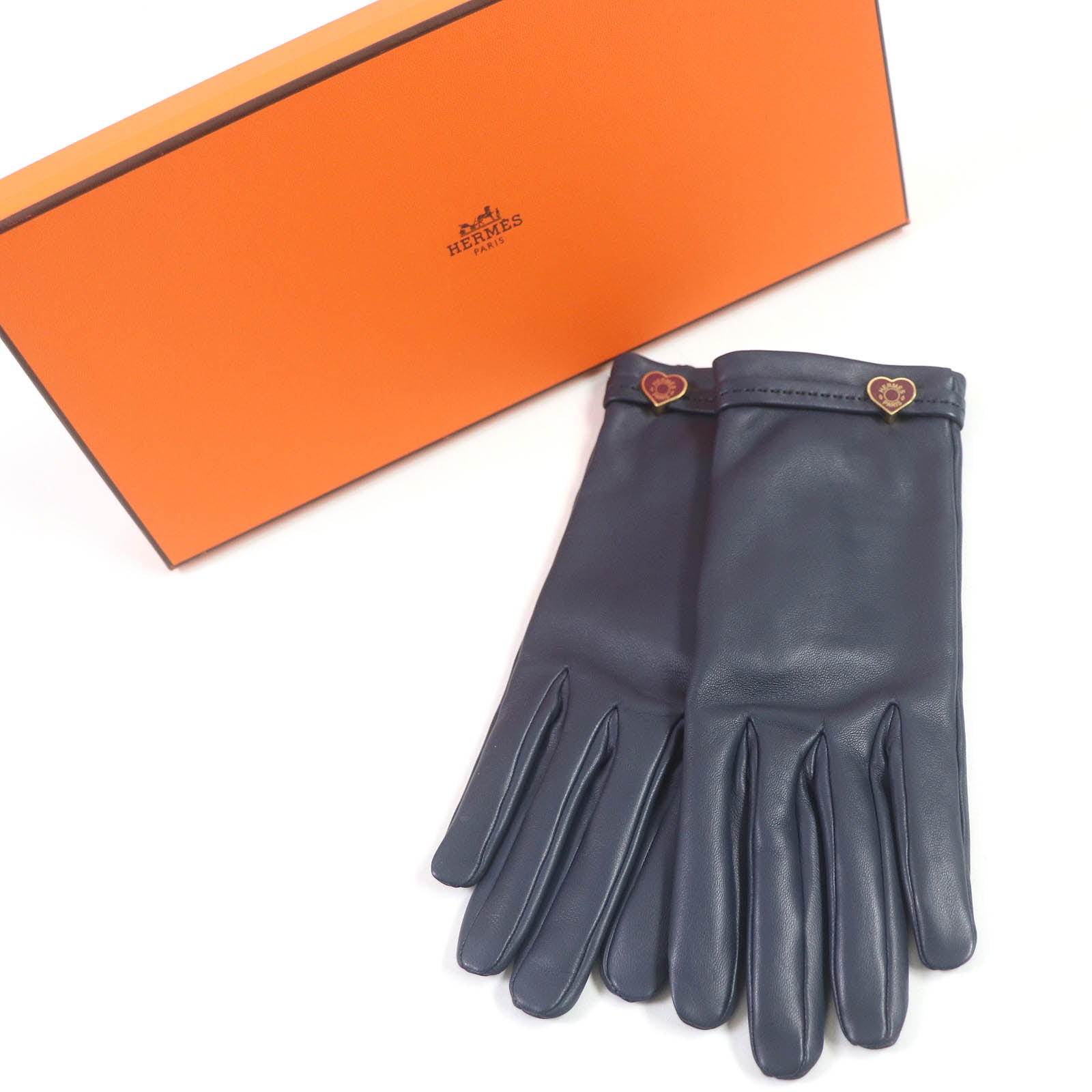 Hermes Lamb Leather Silk Gloves Navy 6.5