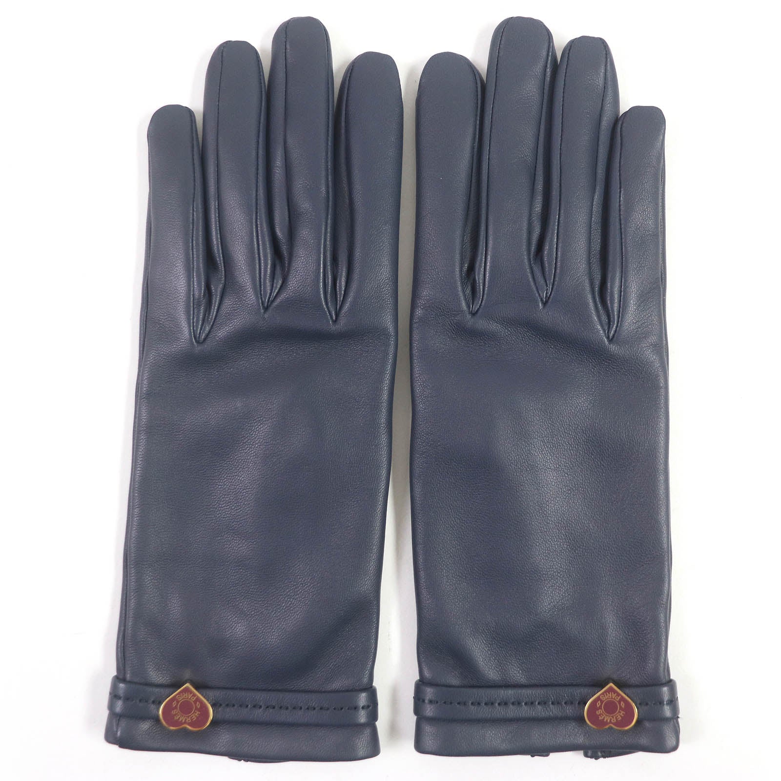 Hermes Lamb Leather Silk Gloves Navy 6.5