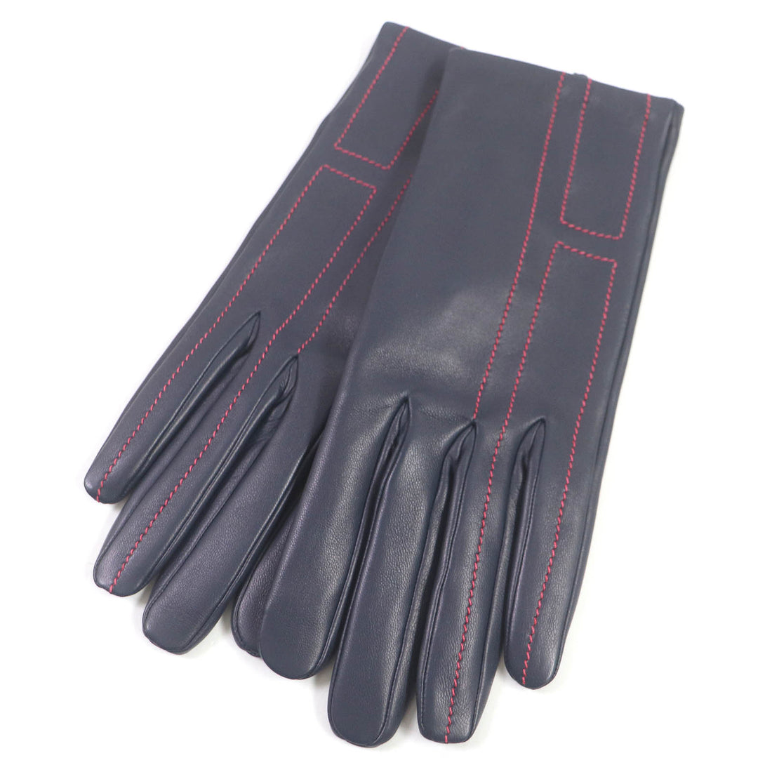 HERMES Lamb Leather Silk H Logo Gloves Navy