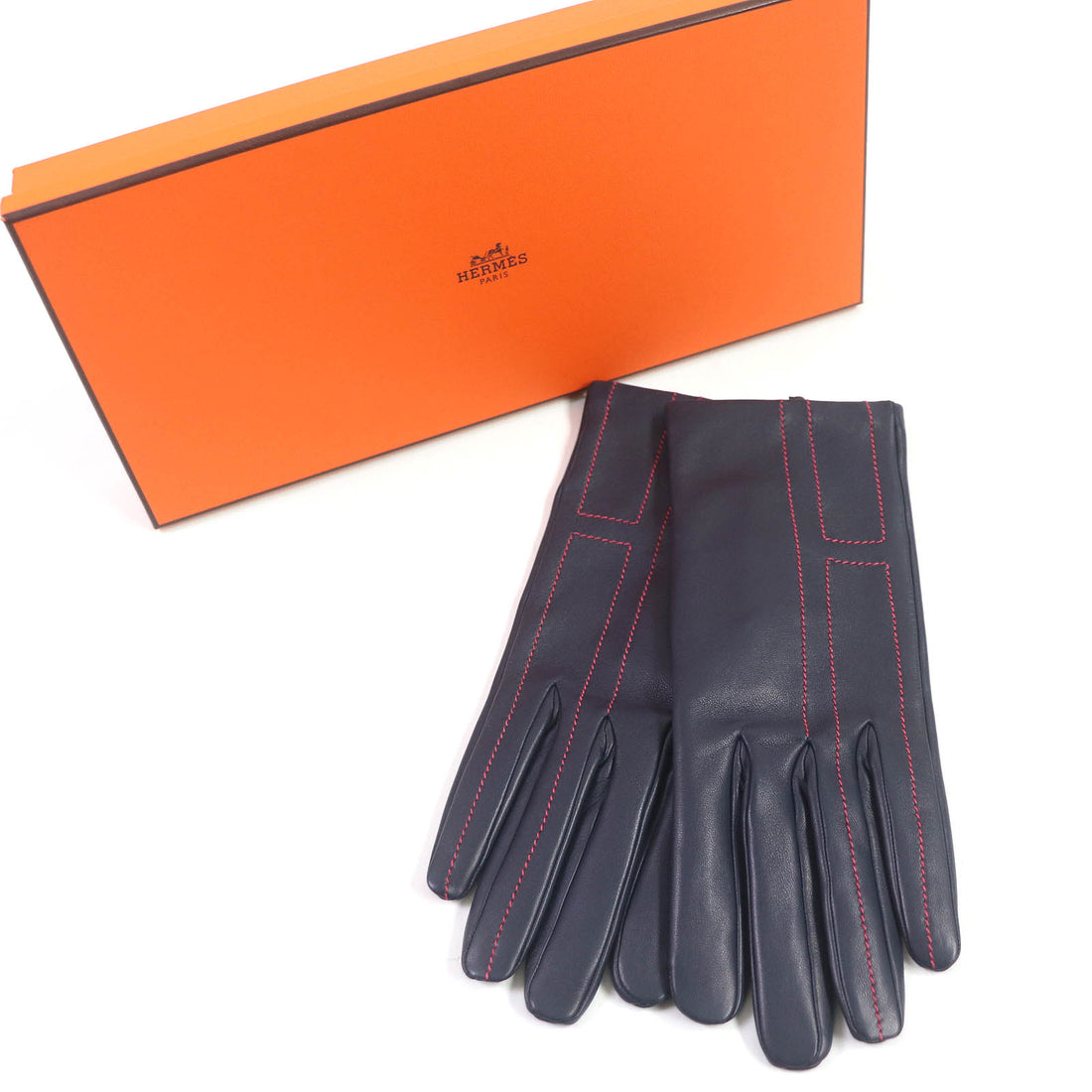 HERMES Lamb Leather Silk H Logo Gloves Navy