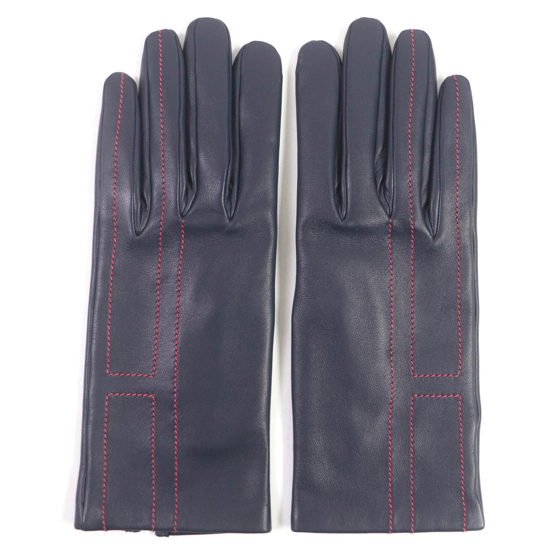 HERMES Lamb Leather Silk H Logo Gloves Navy