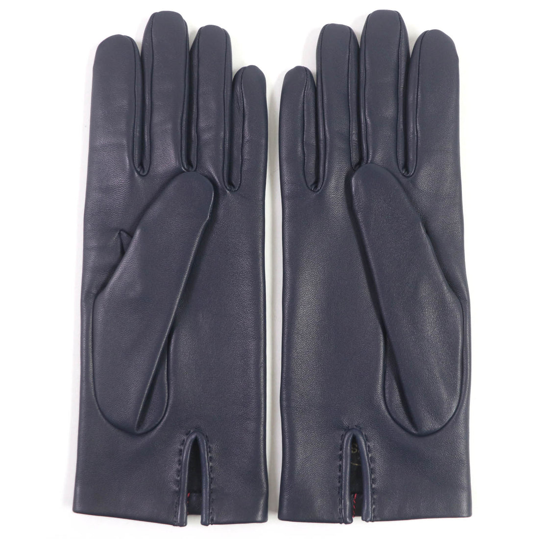 HERMES Lamb Leather Silk H Logo Gloves Navy