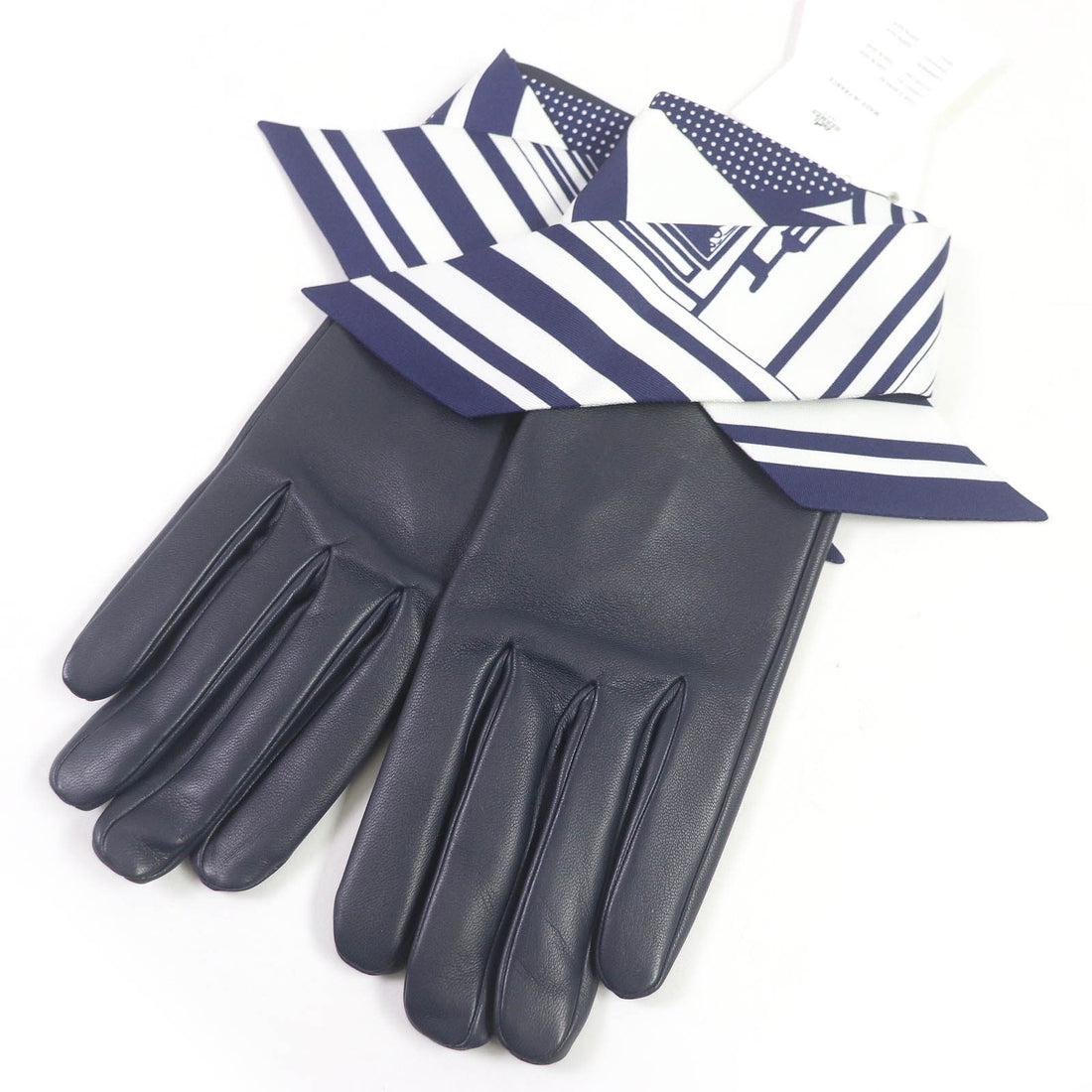 HERMES Lamb Leather Fantasia Gloves Navy 7.5