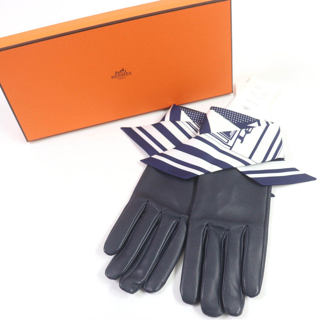 HERMES Lamb Leather Fantasia Gloves Navy 7.5