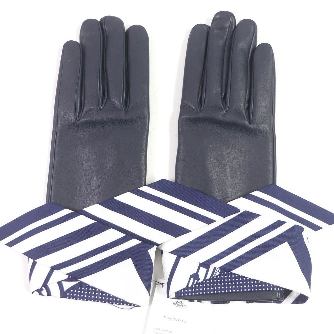 HERMES Lamb Leather Fantasia Gloves Navy 7.5