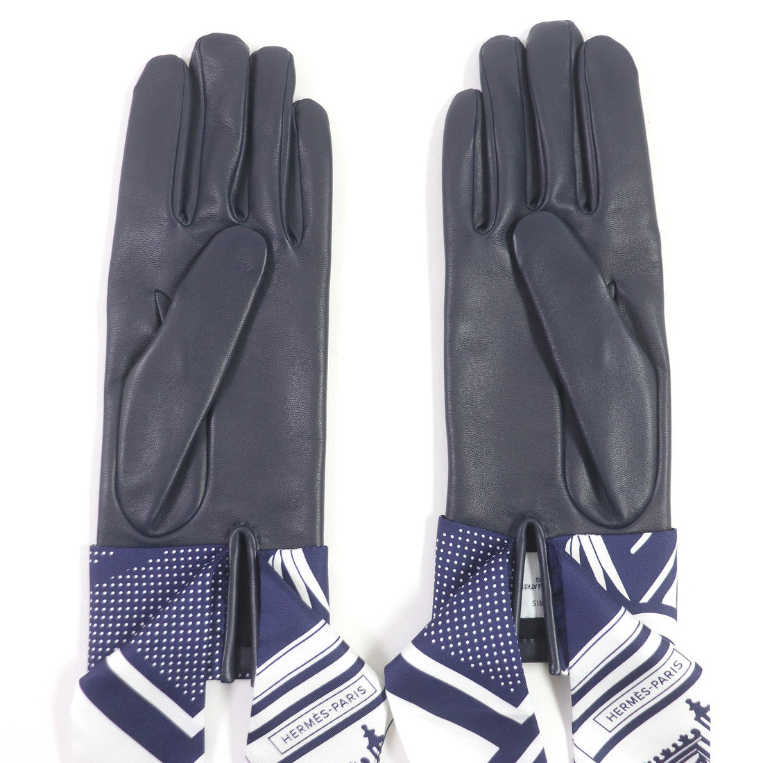 HERMES Lamb Leather Fantasia Gloves Navy 7.5