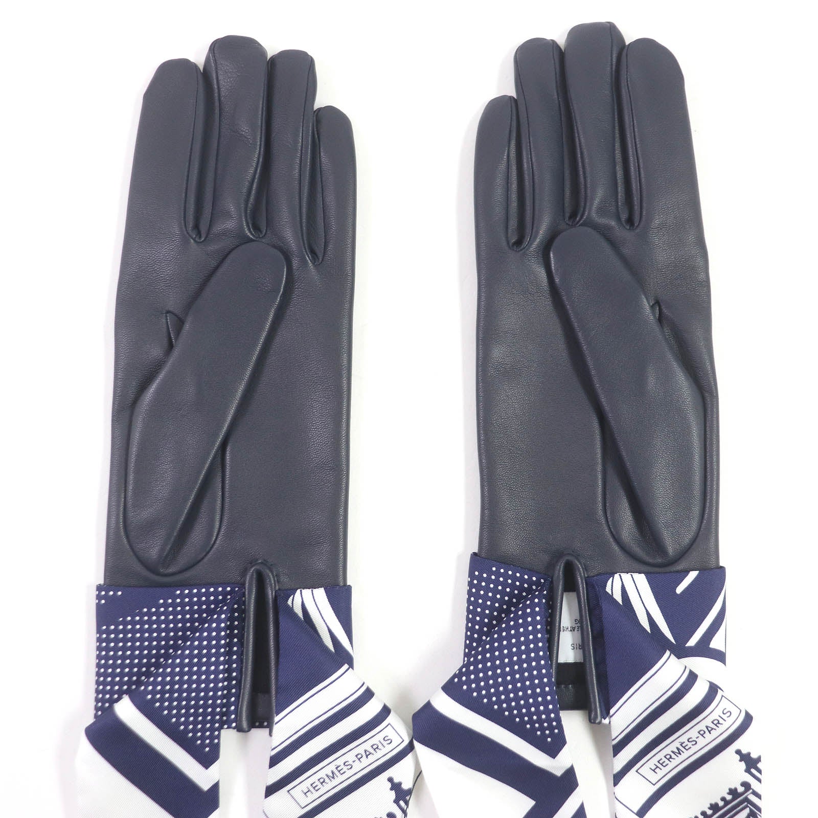 HERMES Lamb Leather Fantasia Gloves Navy