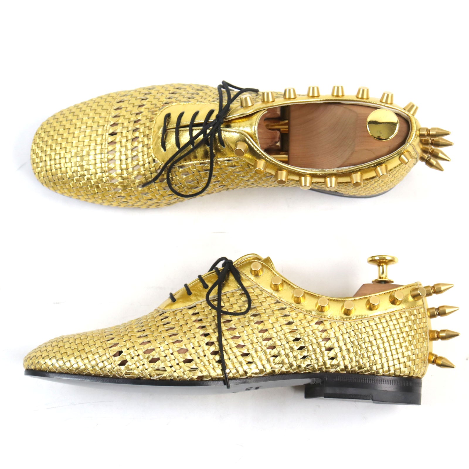 Gucci Metallic Leather Mesh Studded Lace-up Shoes