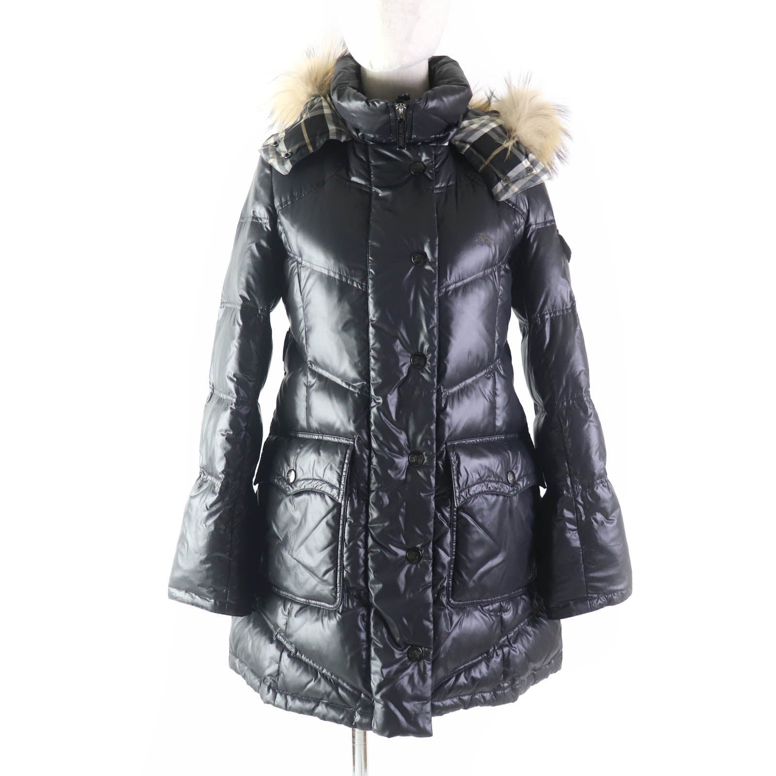 Burberry Nylon Down Coat with Fur Hood Black