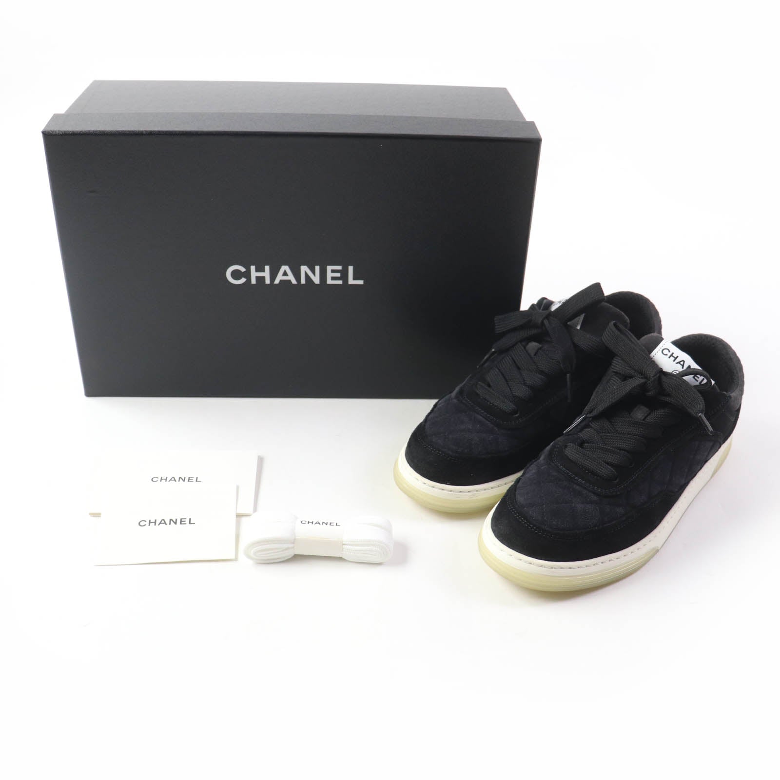 Chanel Suede Leather Lace-up Sneakers Black 37