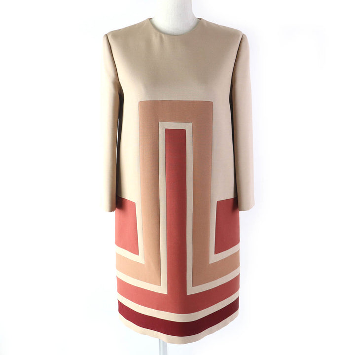 Dior Wool Silk Geometric Dress Beige Brown 38