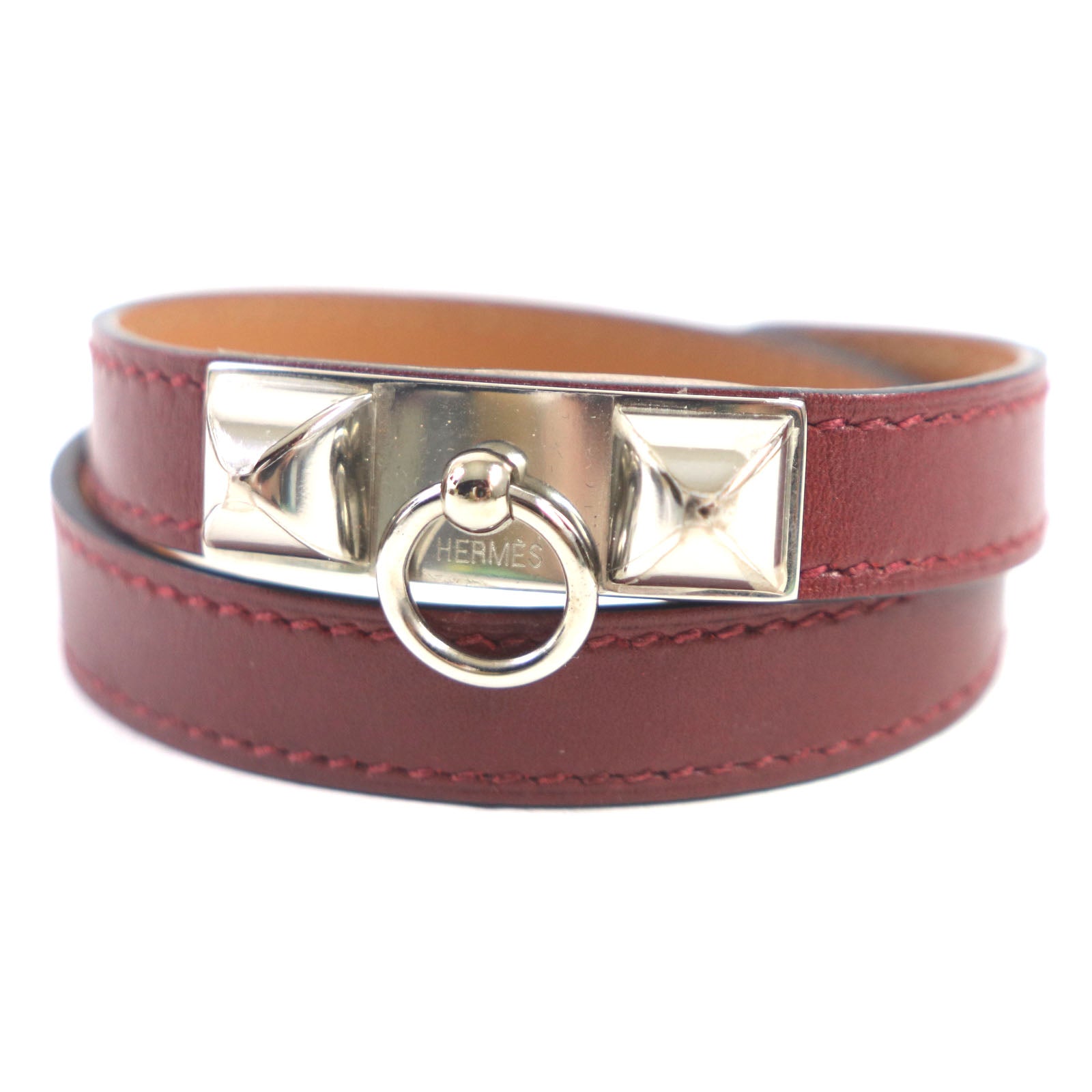 Hermes Leather Silver Bracelet Red Brown