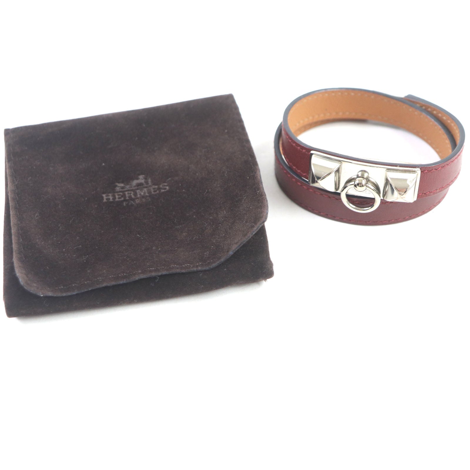 Hermes Leather Silver Bracelet Red Brown