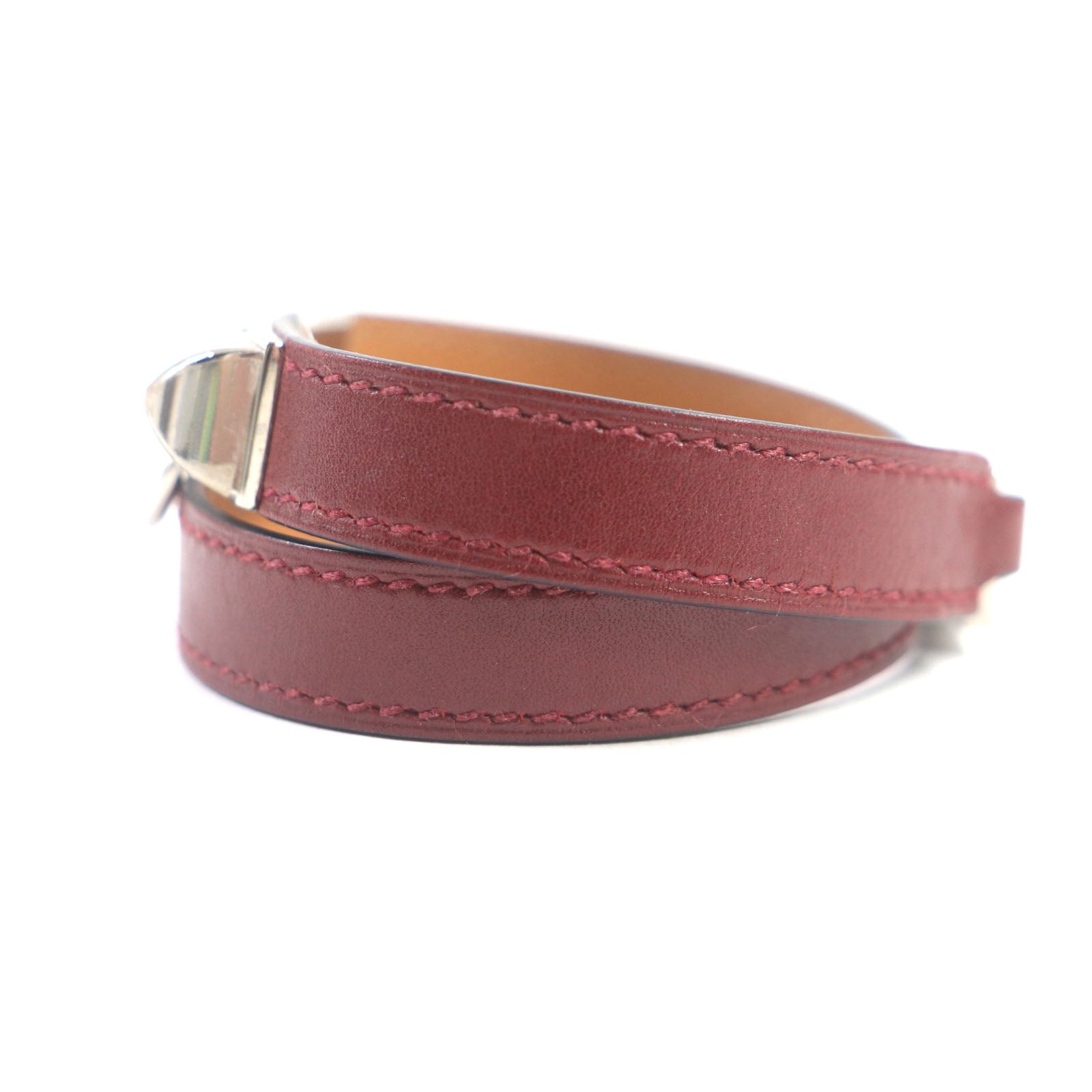 Hermes Leather Silver Bracelet Red Brown