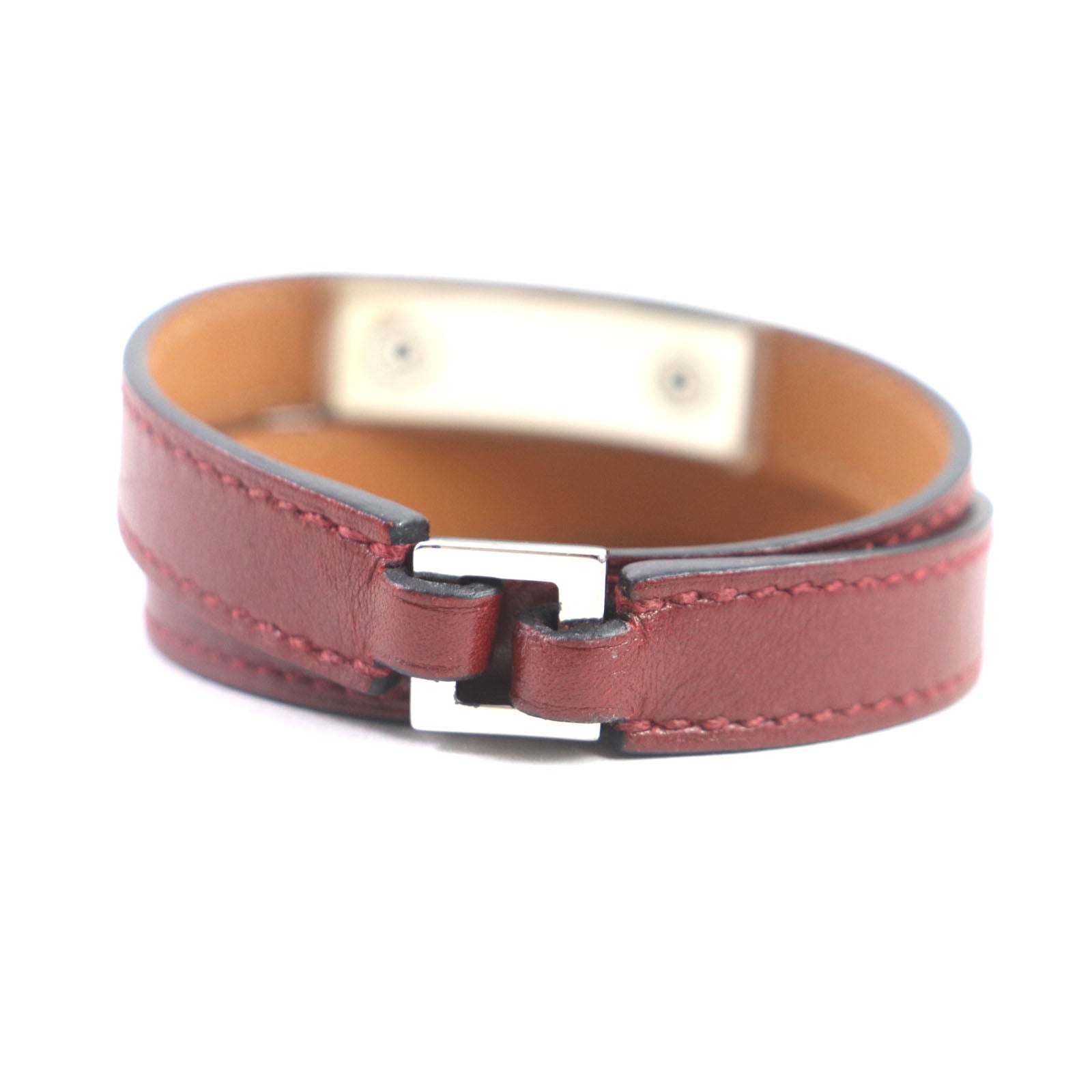 Hermes Leather Silver Bracelet Red Brown