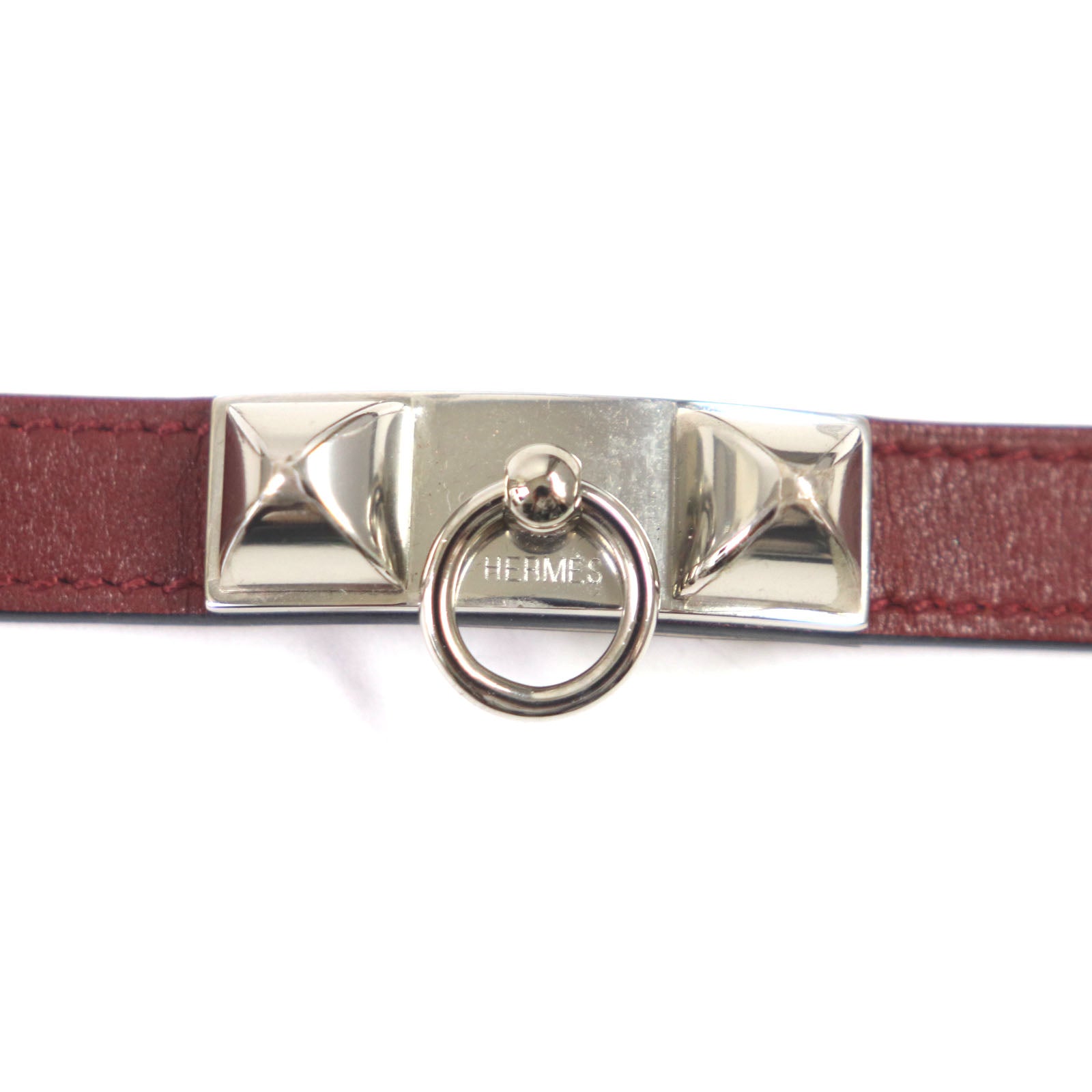 Hermes Leather Silver Bracelet Red Brown