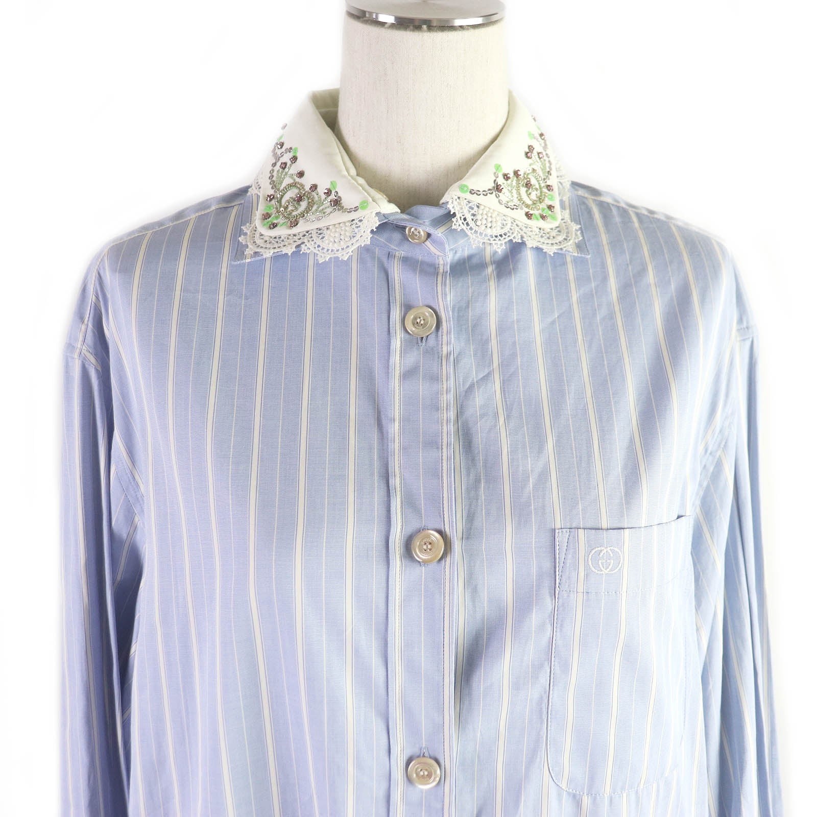 Gucci Cotton Oxford Stripe GG Logo Lace Shirt