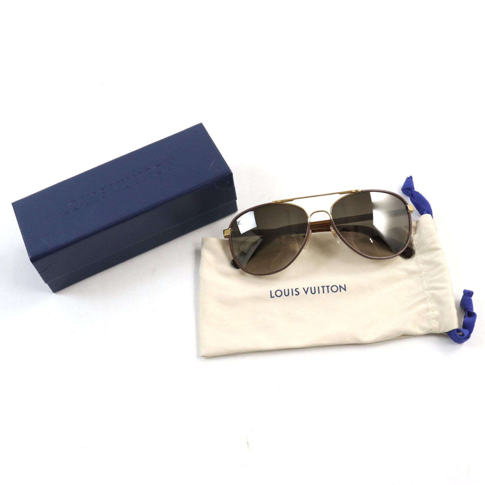 Louis Vuitton Pilot Damier Sunglasses Gold Brown